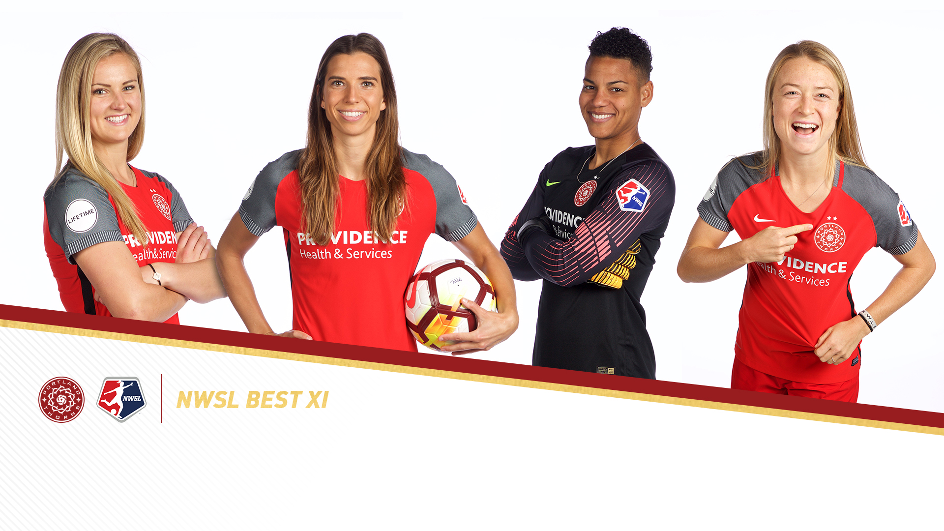 Thorns FC midfielders Tobin Heath, Lindsey Horan, defender Emily