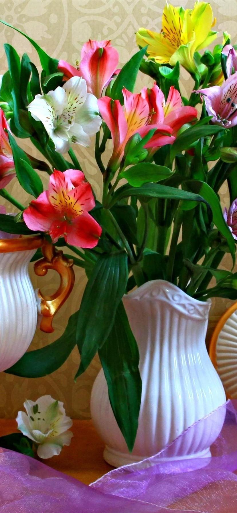 Pink and white lilies, vase, flowers 828x1792 iPhone XR wallpaper