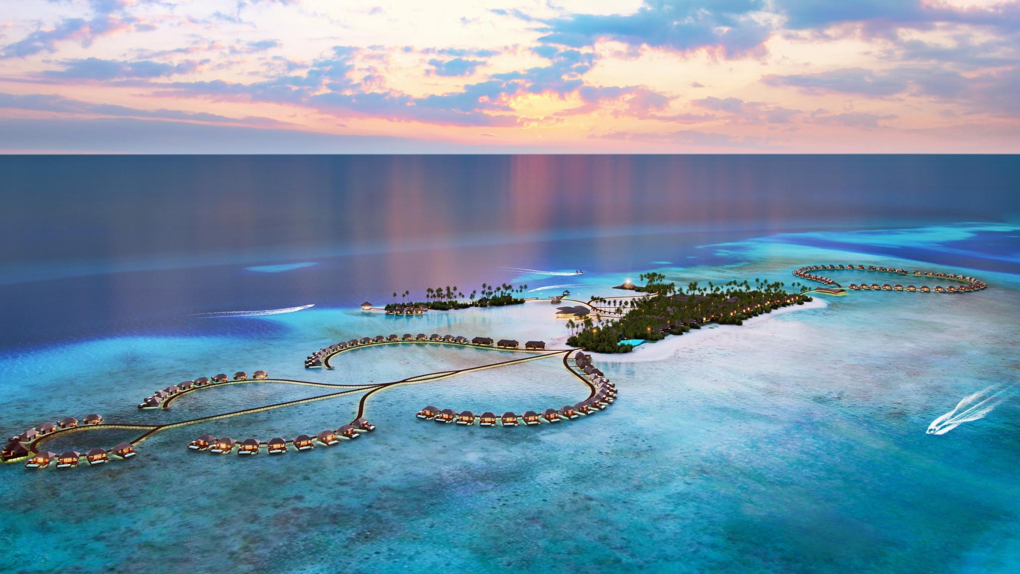 Download 2048x1152 wallpaper maldives, resorts, aerial view, island