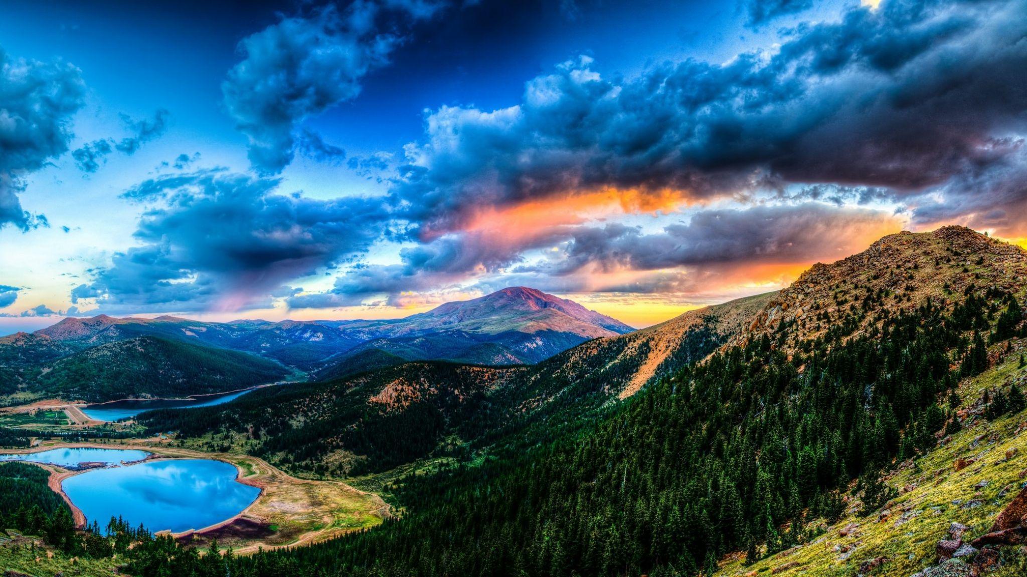 Download Wallpaper 2048x1152 sunset, mountain, lake, landscape HD