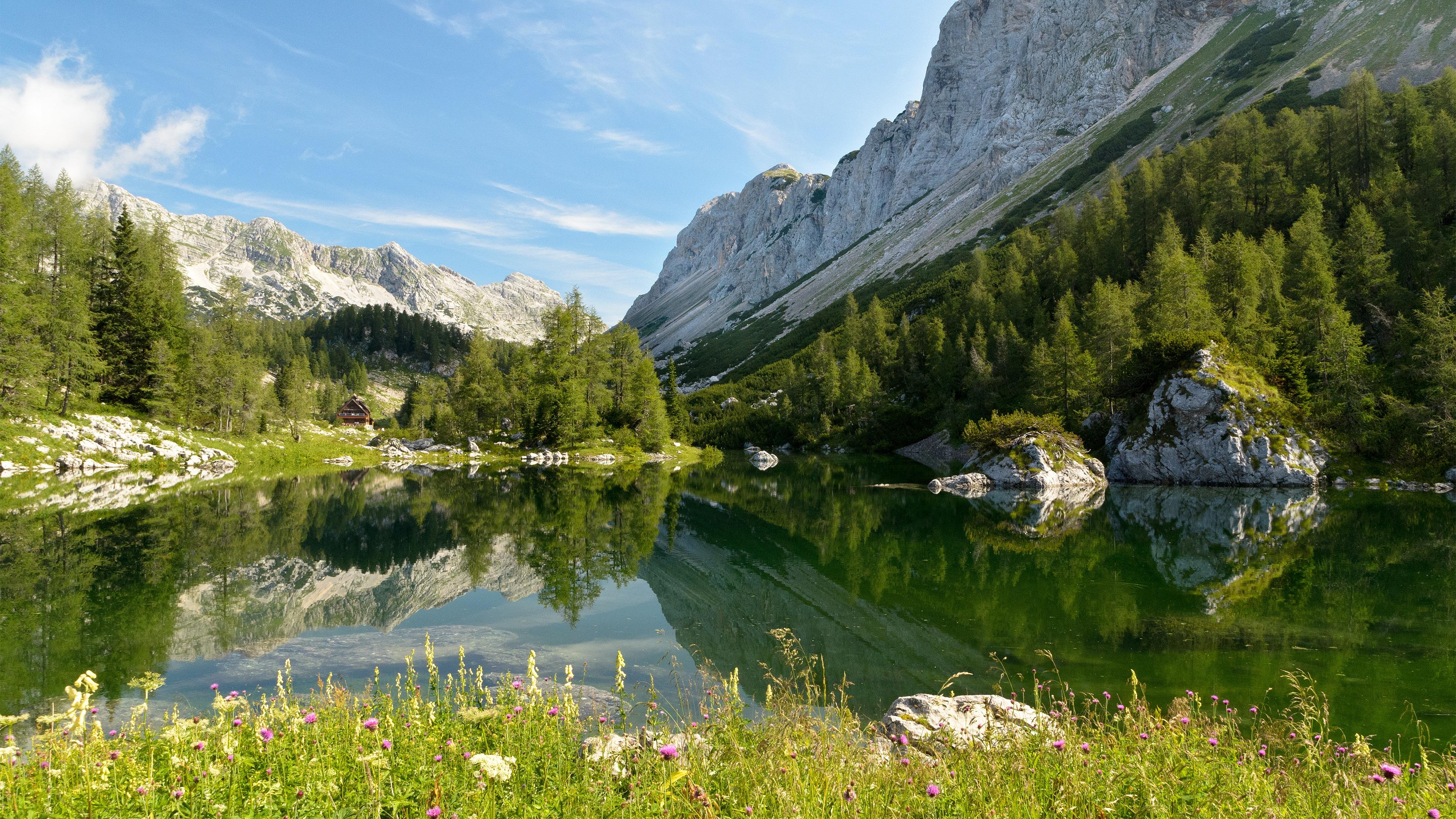 Mountain Lake Chalet Serene Landscape 4K Ultra HD Desktop Wallpaper