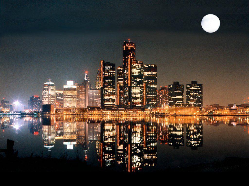 Download Wallpaper river black usa skyscrapers moon reflection night