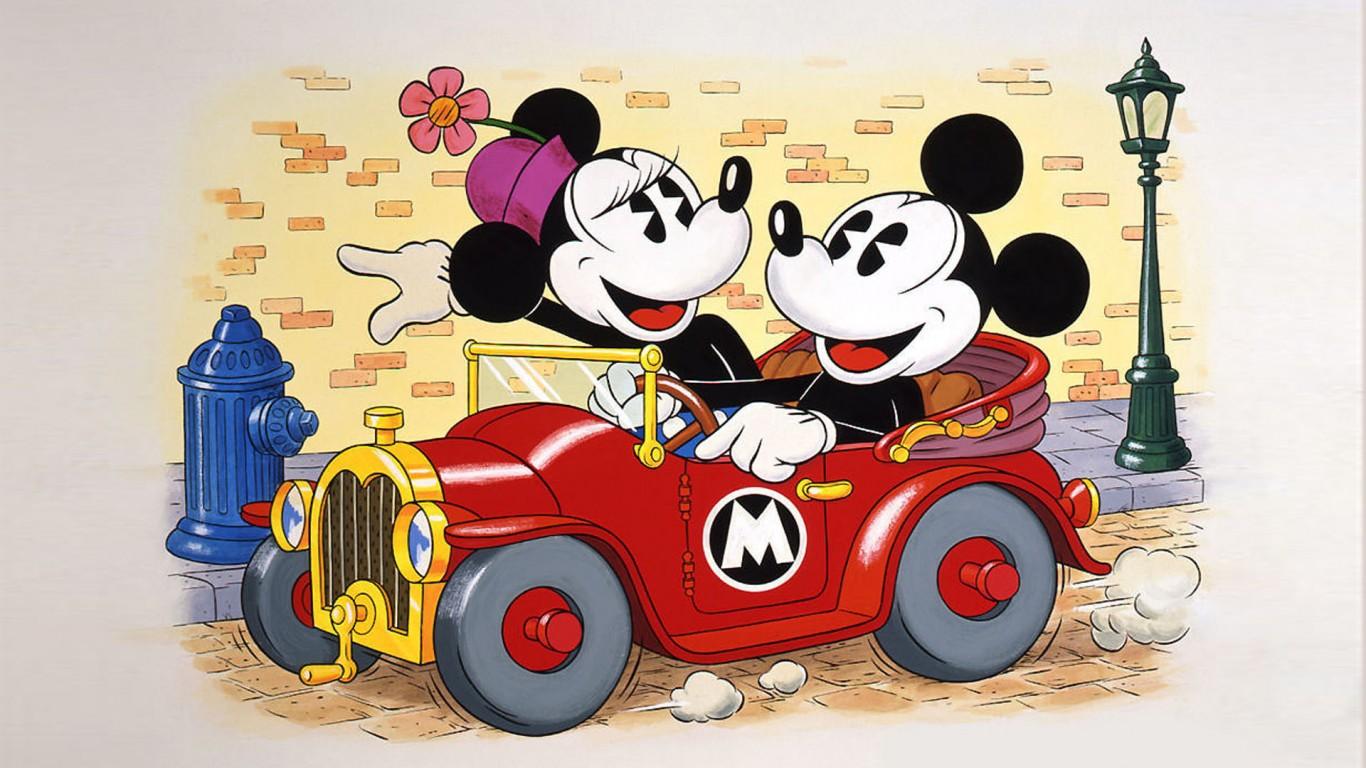 Mickey And Minnie Mouse Driving A Car Cartoon Wallpaper