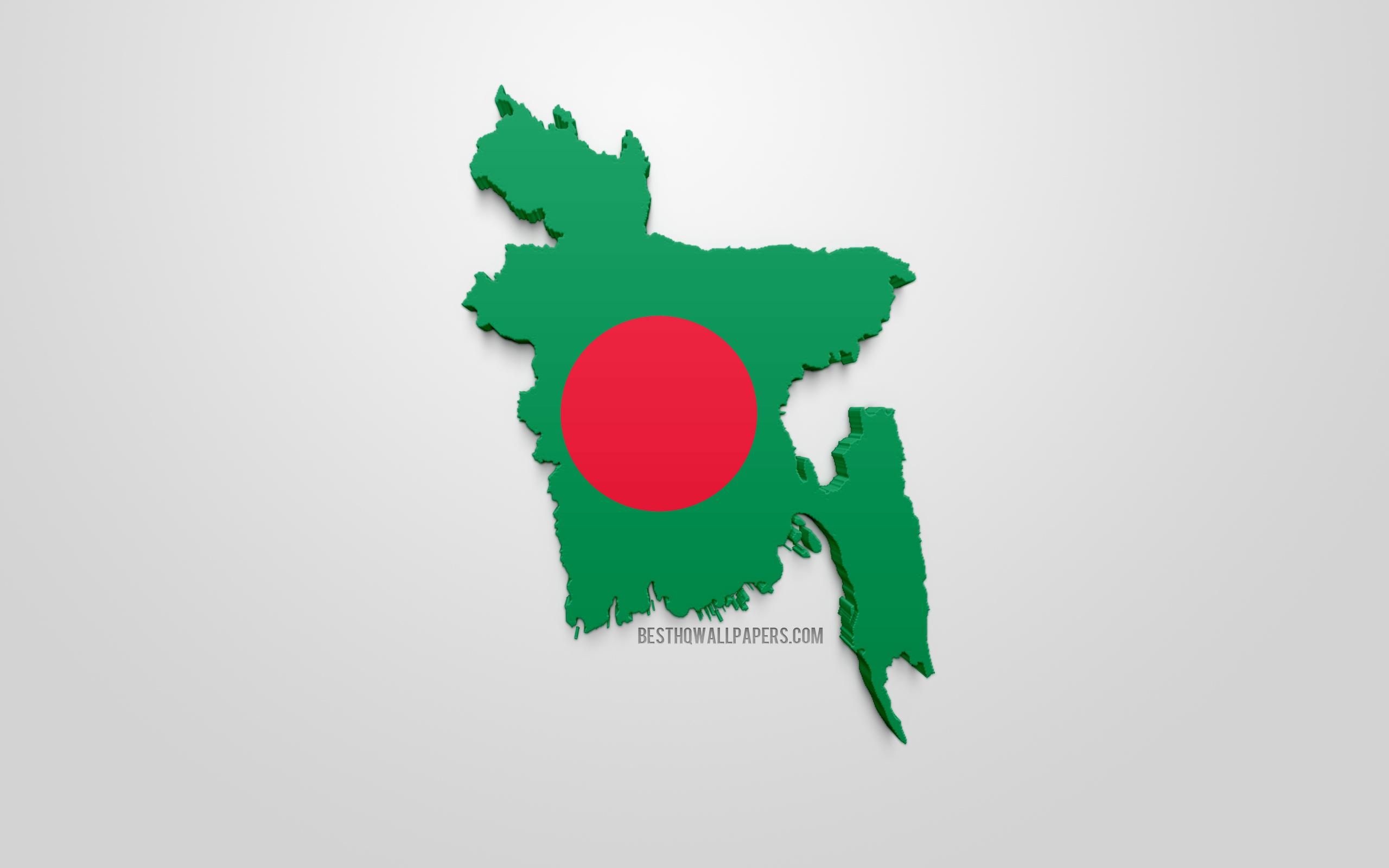 Download wallpaper 3D flag of Bangladesh, map silhouette