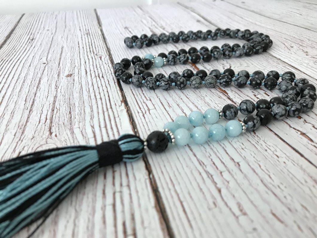 Natural Obsidian Snowflake & Aquamarine Stone Mala Prayer Beads