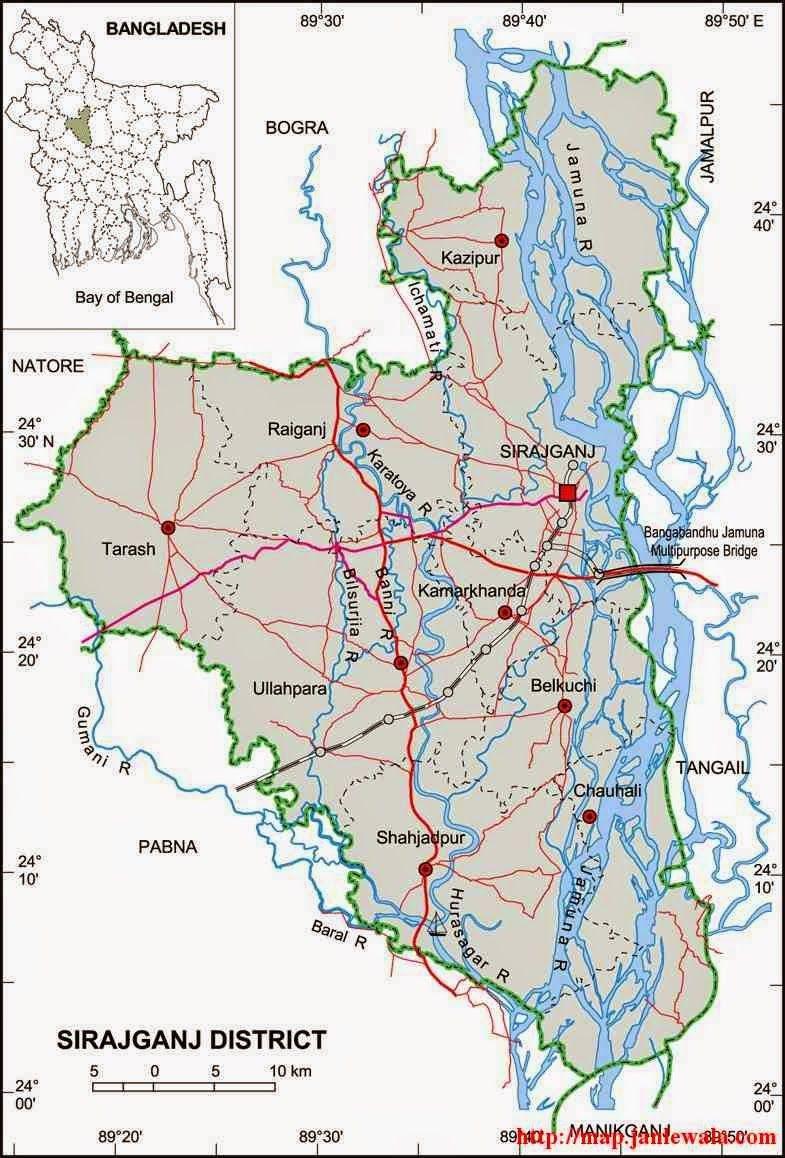 Sirajganj Zila Map, Rajshahi Division, Bangladesh