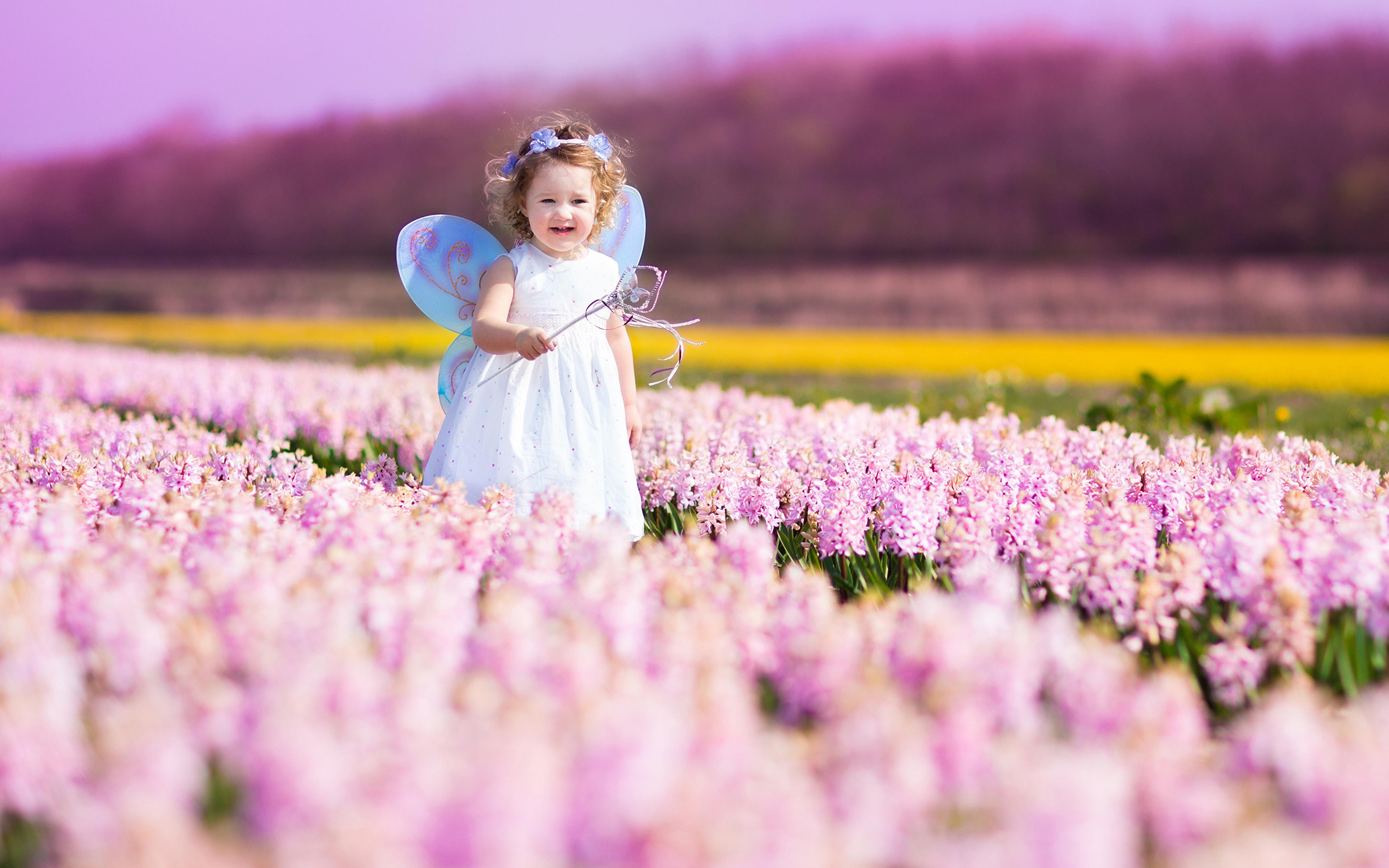Picture Little girls Fairy Children Fields Flowers 3840x2400