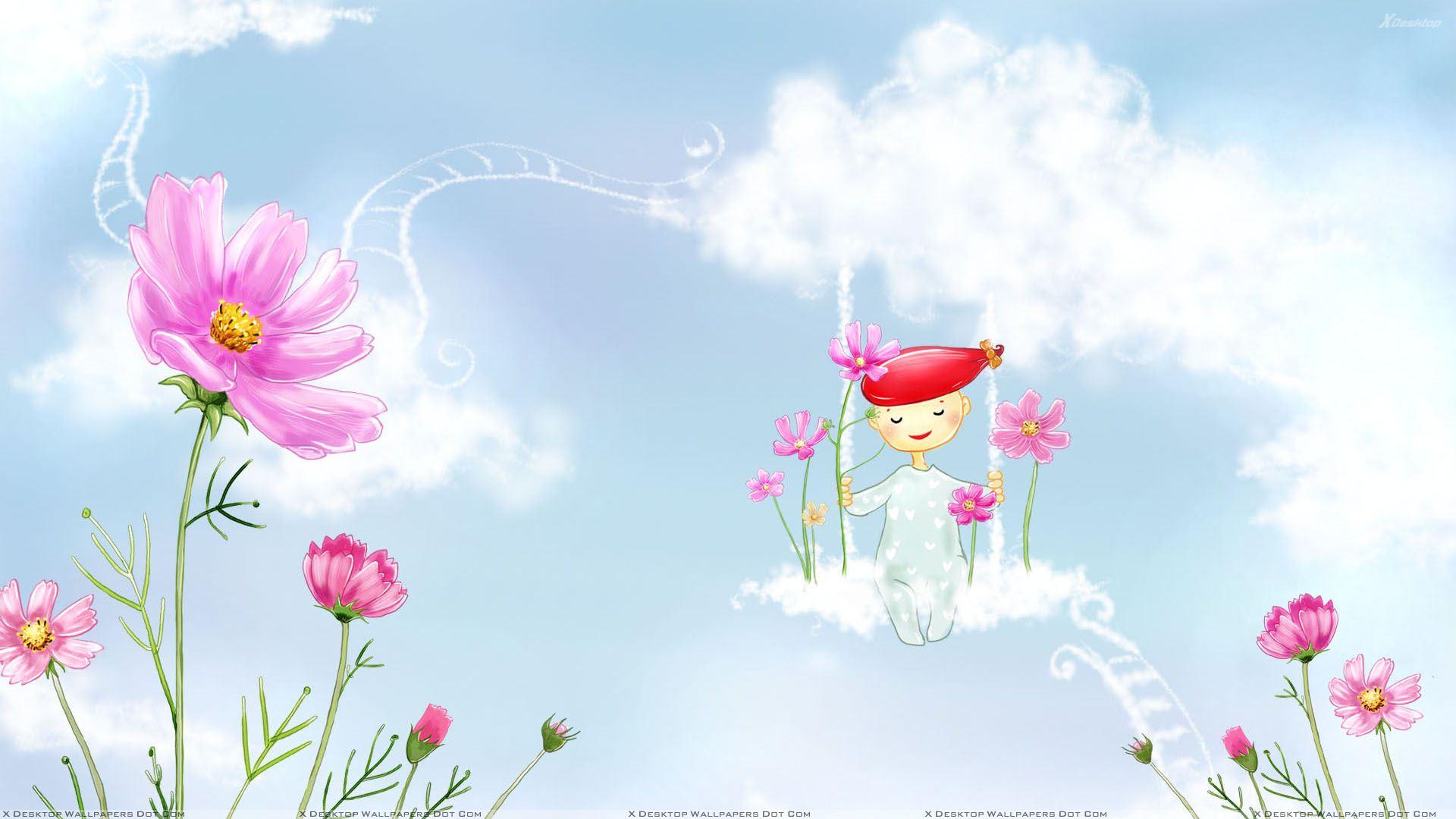 A Fairy And Pink Flowers Wallpaper