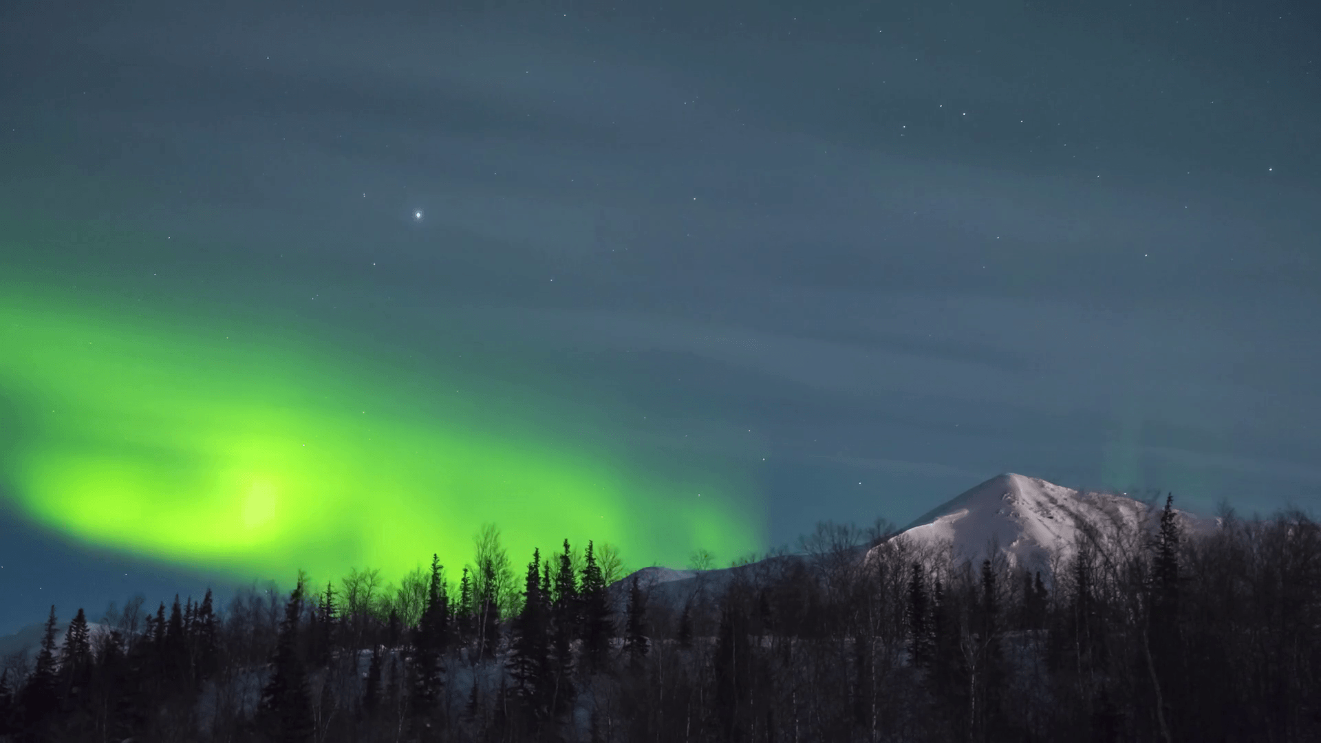 Time Lapse of Green Northern Lights. Snowy Mountain and Trees at