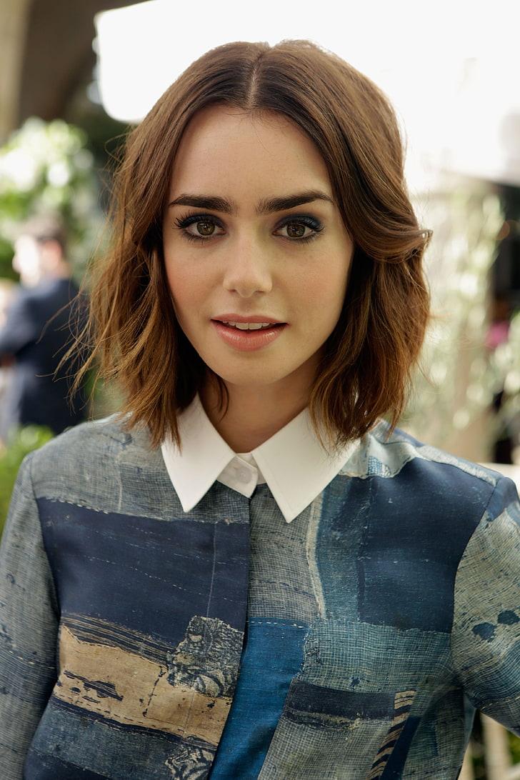 HD wallpaper: women's white and blue collared top, Lily Collins