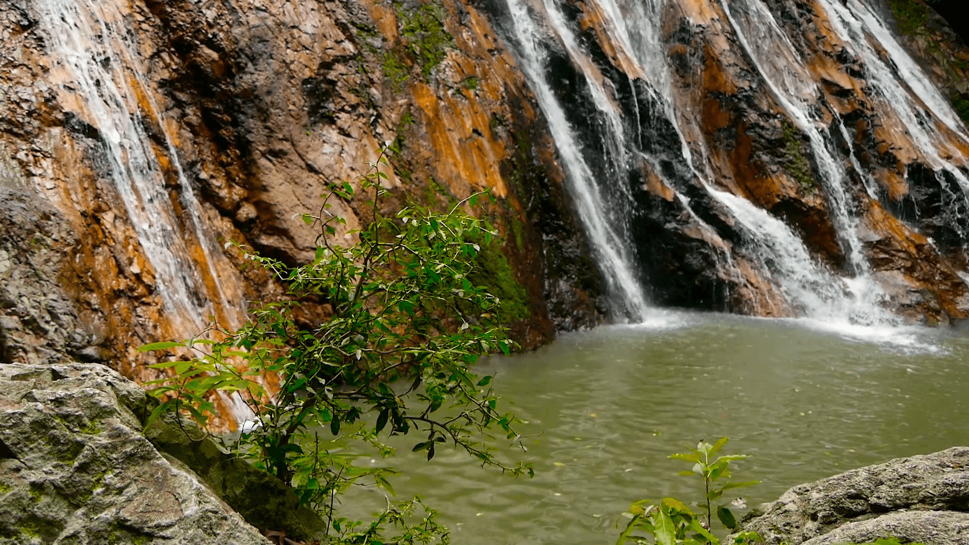 Jungle paradise landscape of tropical country. Waterfall cascade