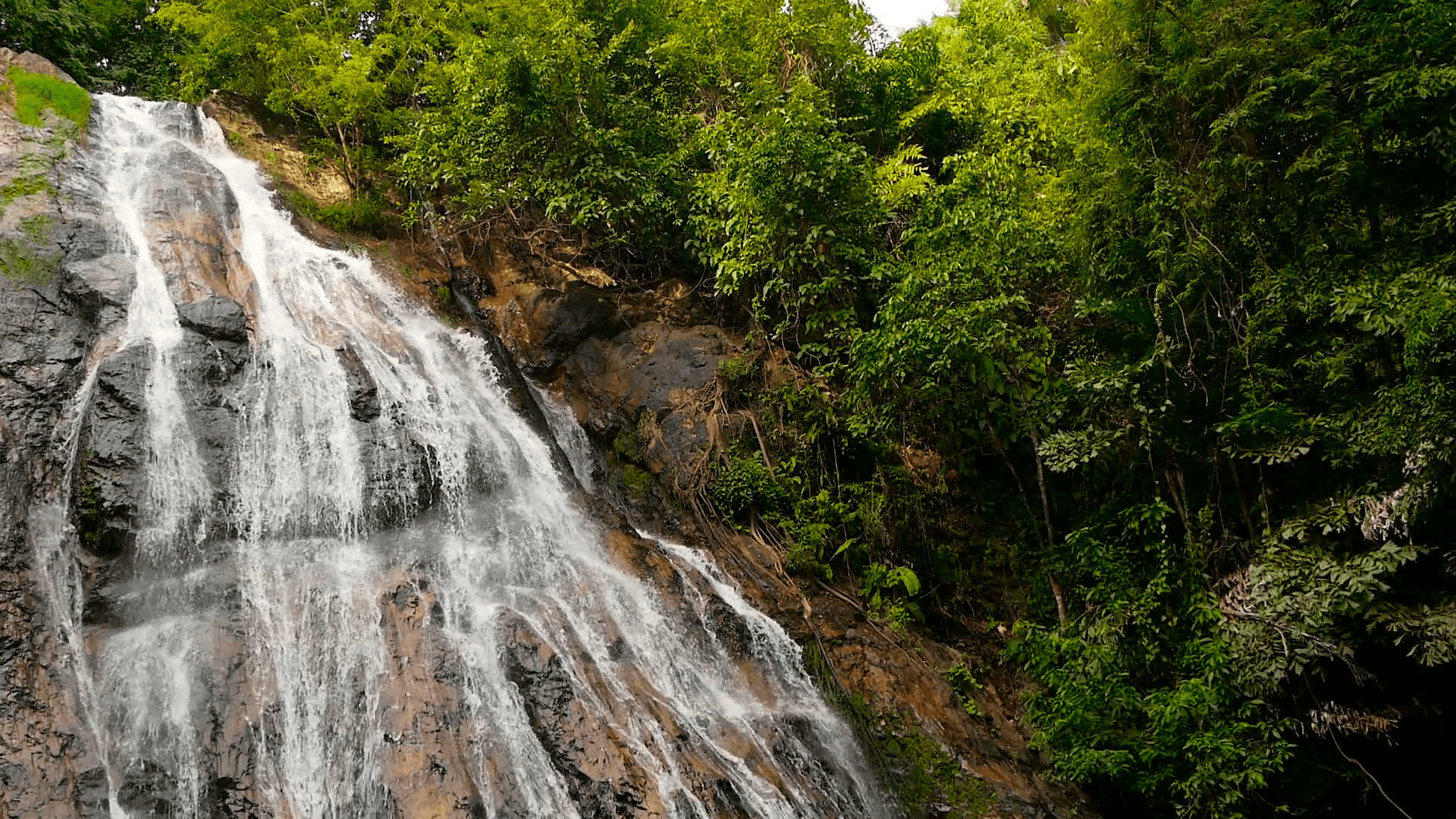 Jungle paradise landscape of tropical country. Waterfall cascade