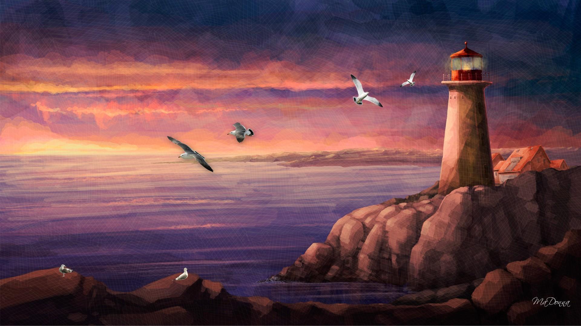 The Lighthouse Sunset HD desktop wallpaper, Widescreen, High