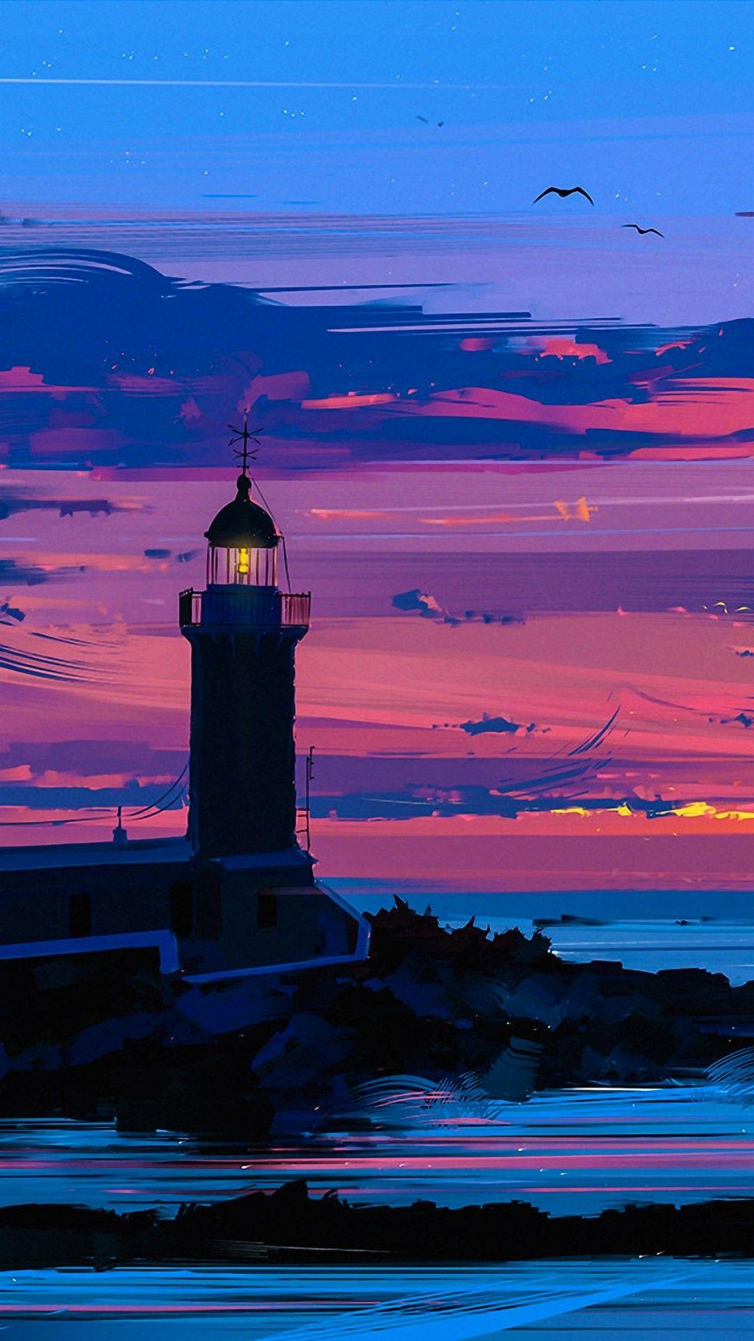 Lighthouse At Sunset /. Fanta Sea. Minimalist Wallpaper