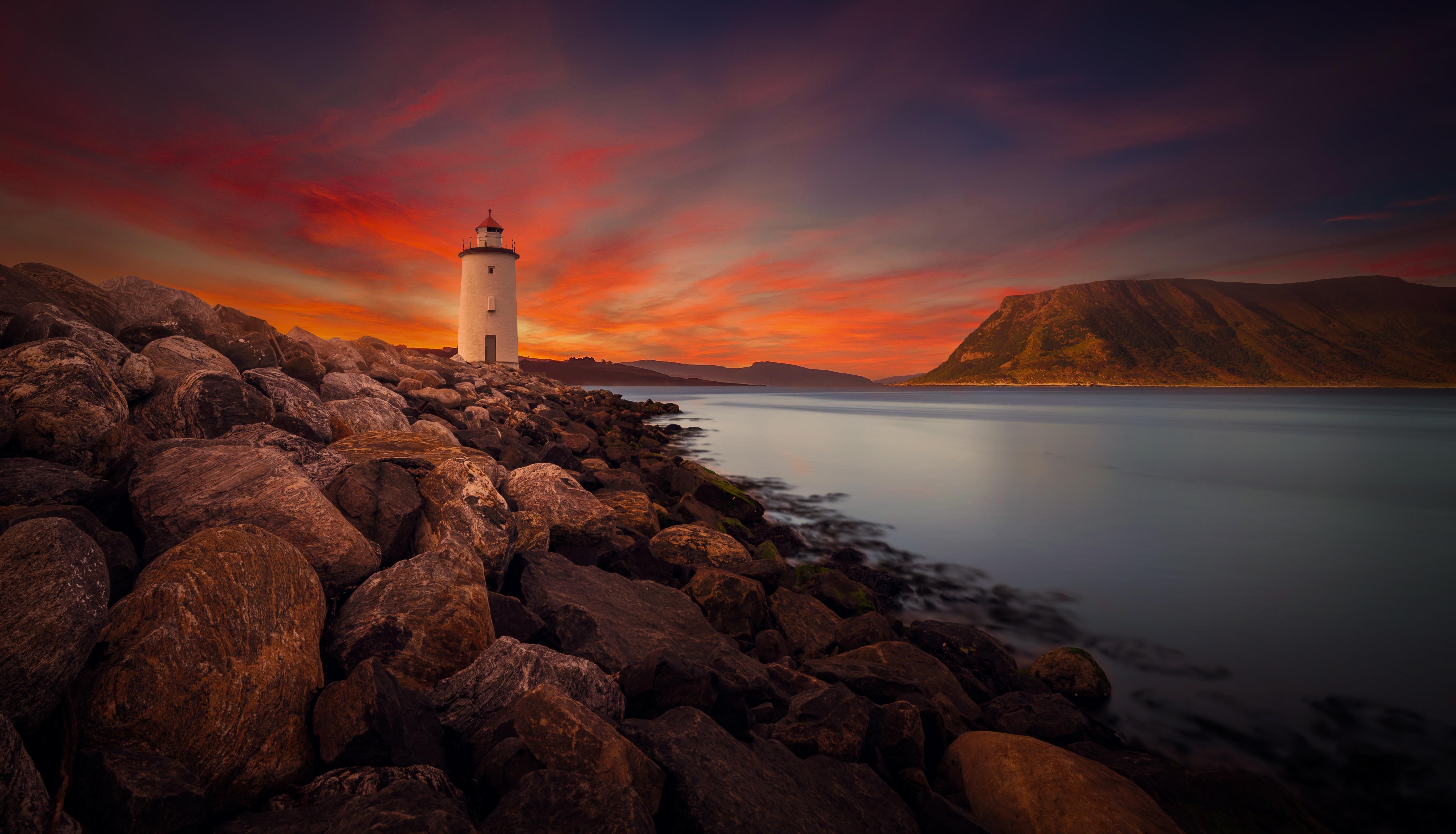 #Rocky shore, #Twilight, K, #Lighthouse, #Sunset. World