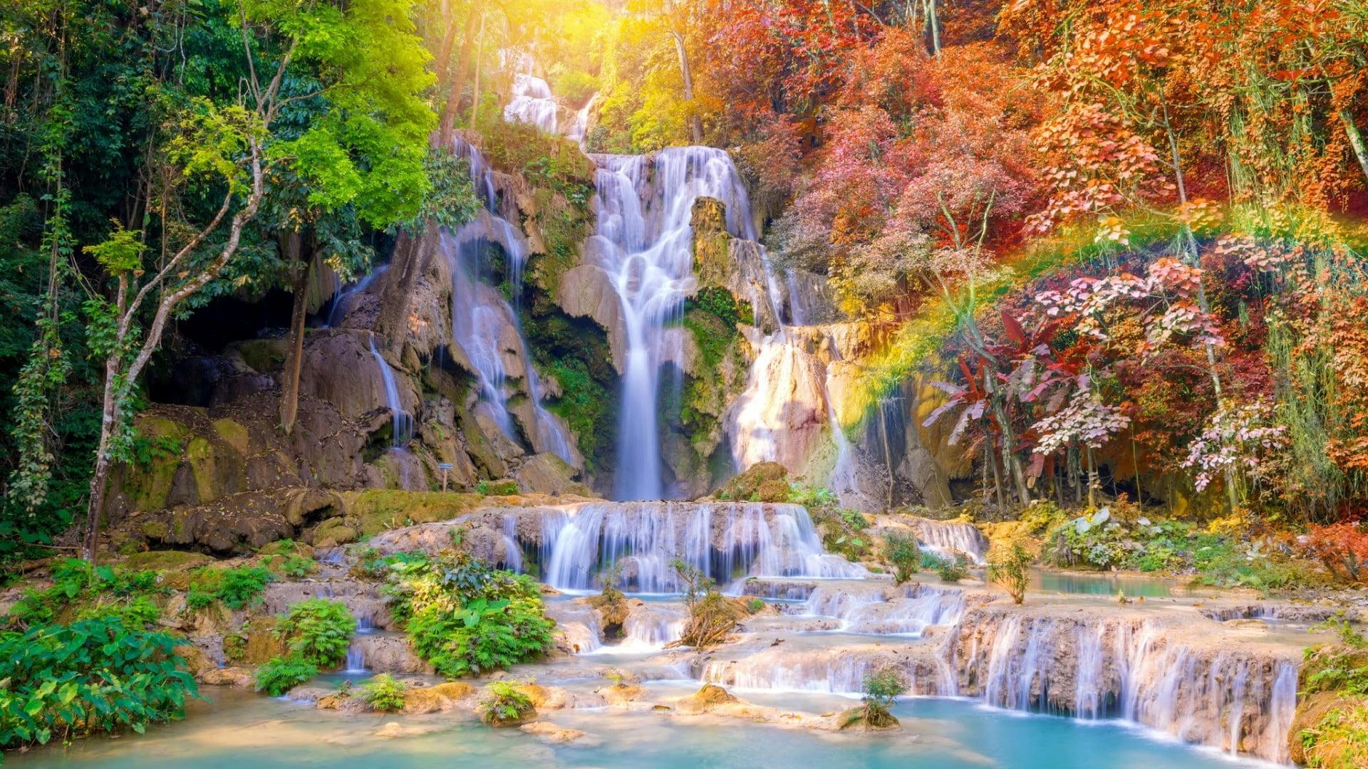 HD wallpaper: waterfall, nature, body of water, huay mae khamin