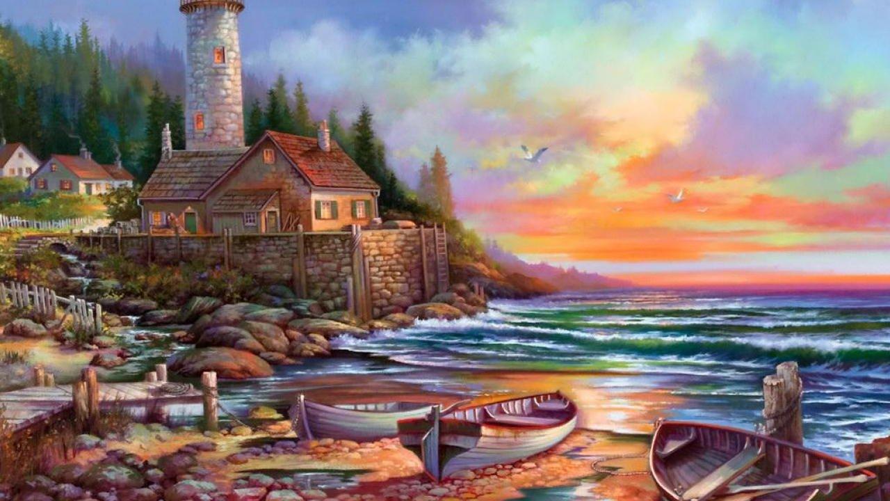 Lighthouse, Sunset, Paintings, Wallpaper, Desktop Wallpaper, Cool
