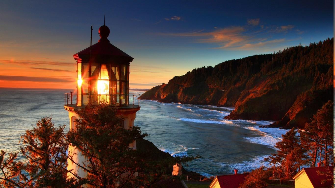 sunset lighthouse cliff landscape wallpaper and background