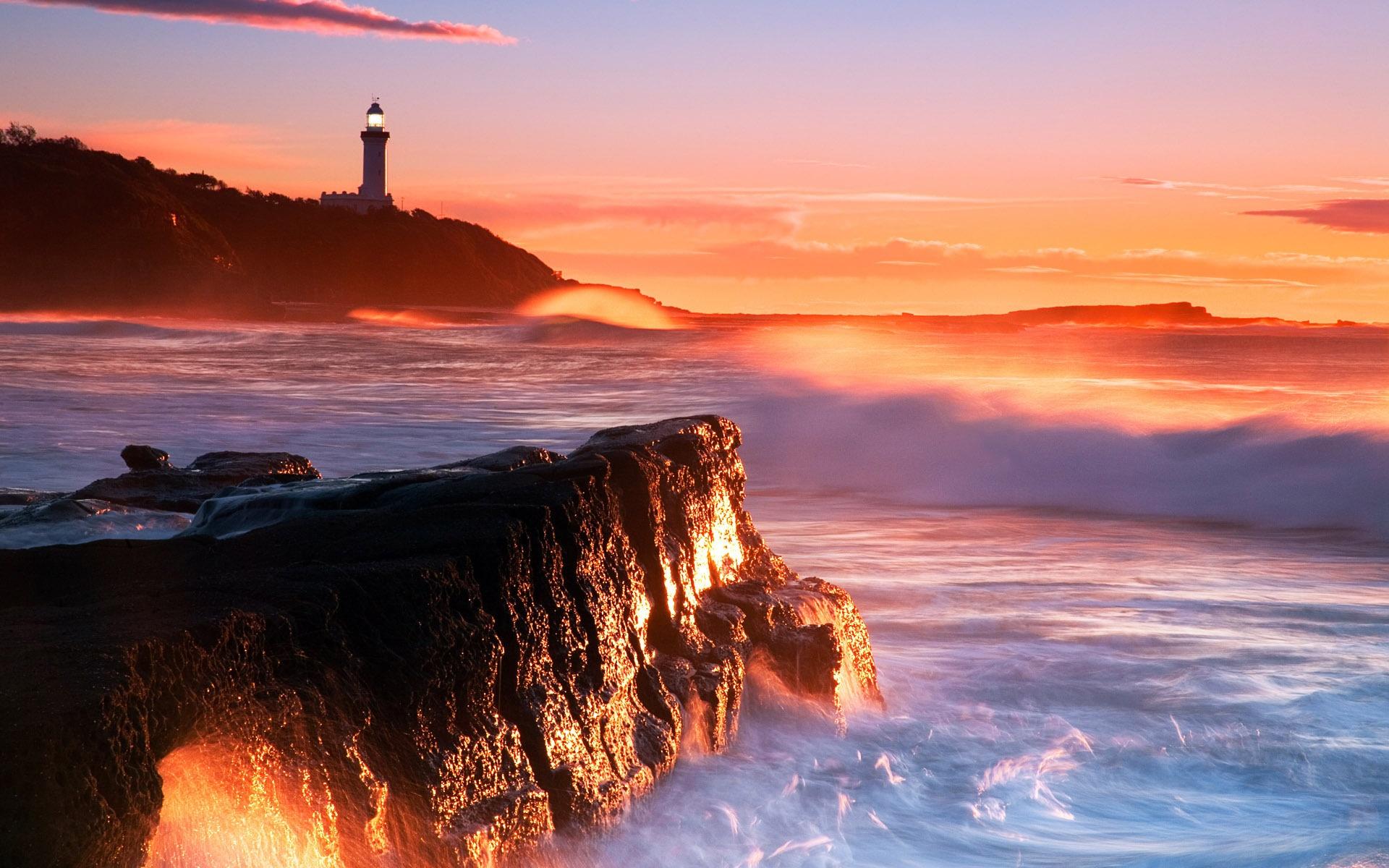 Wallpaper Lighthouse sea waves rocks cliffs sunset 1920x1200 HD
