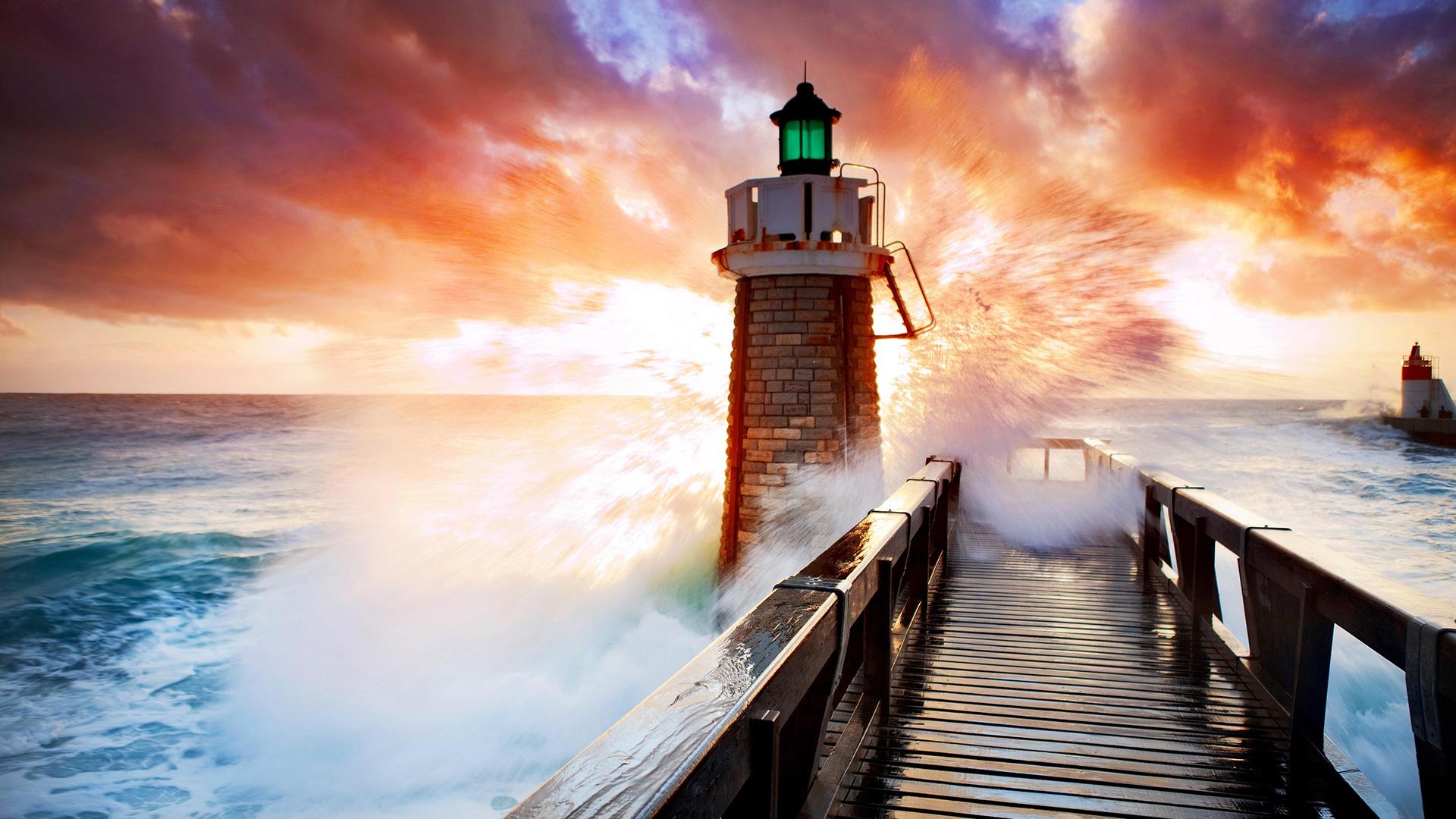Download 1920x1080 Wallpaper Lighthouse, Sunset, Beach, Wooden
