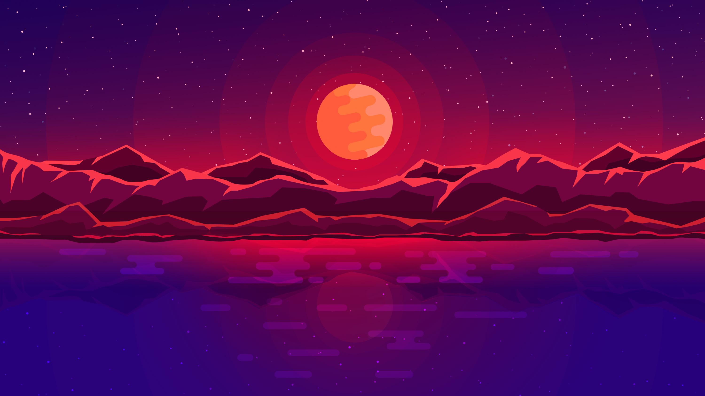 Moon Rays Red Space Sky Abstract Mountains, HD Artist, 4k Wallpaper