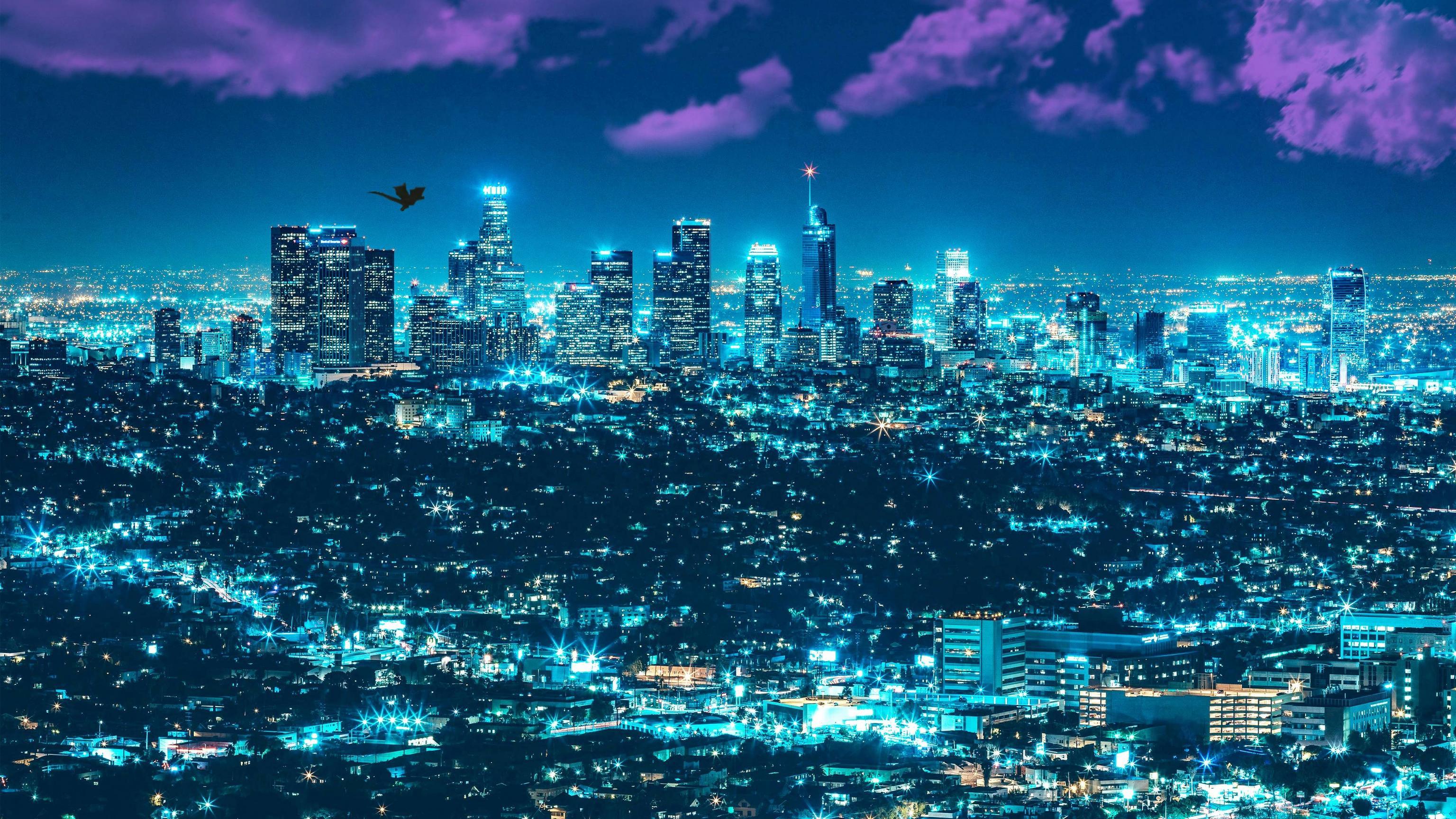 Los Angeles Cityscape Night City Buildings Minimalist Minimalism 4K