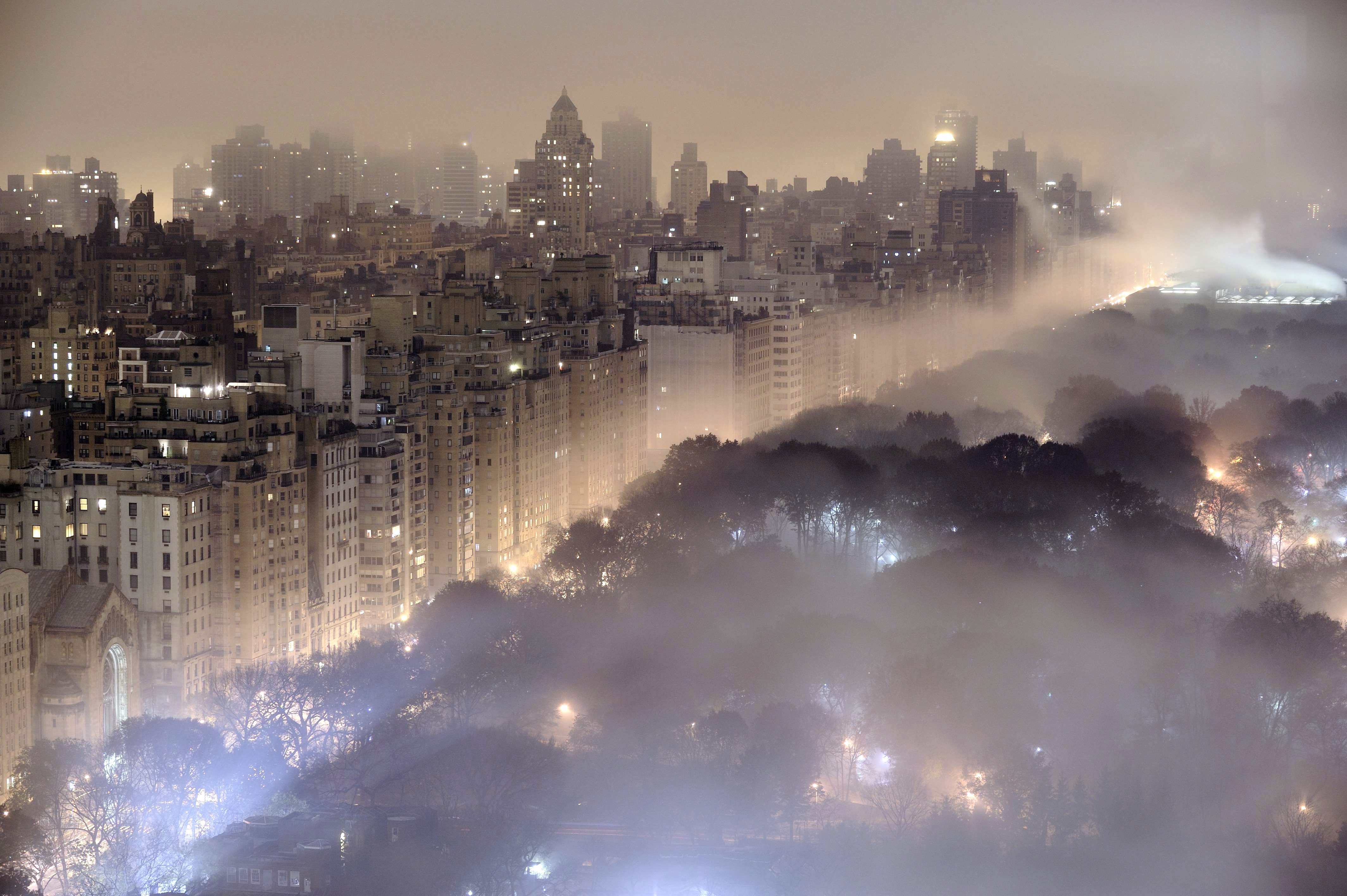 mist, Cityscape, New York City, Building, Trees, Lights, Night