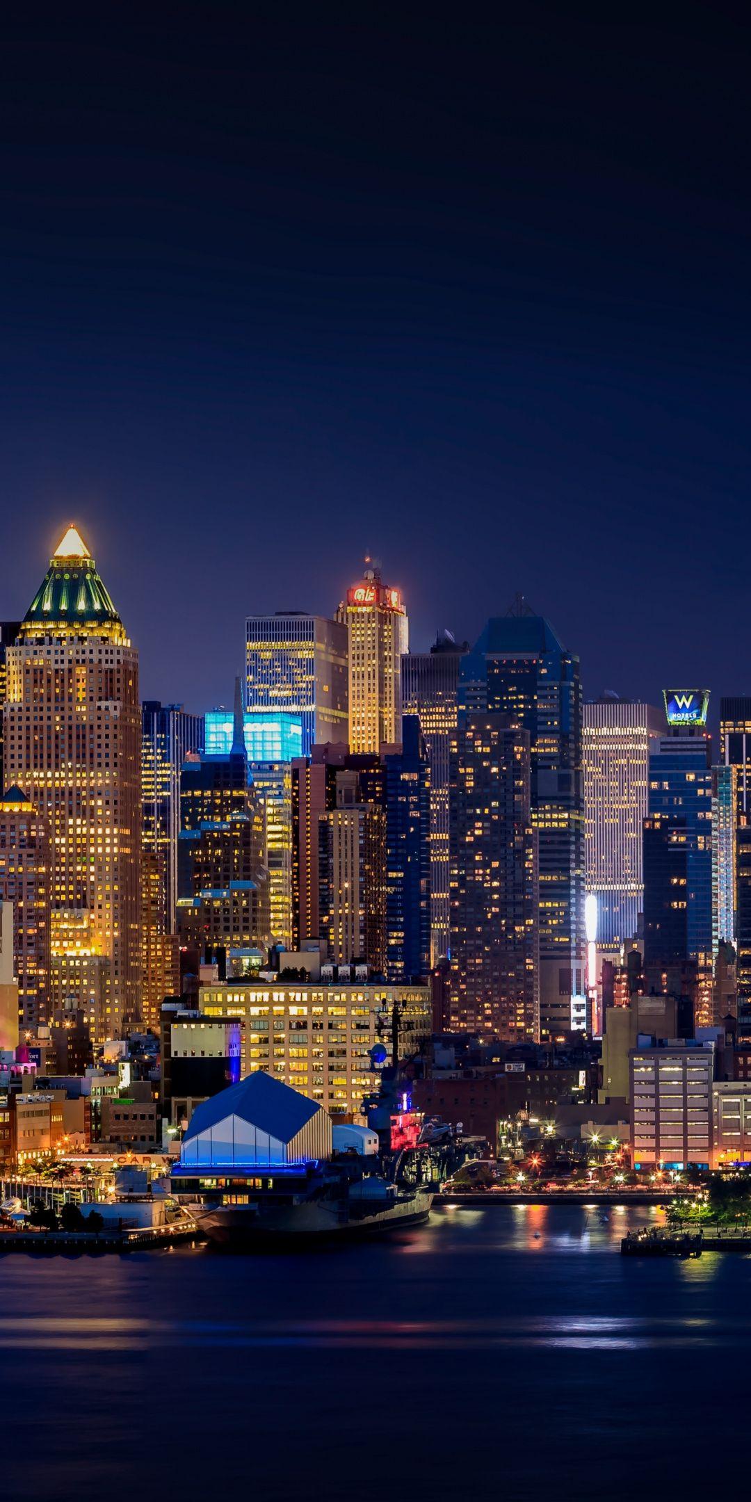 Manhattan, cityscape, night, buildings, New York, 1080x2160