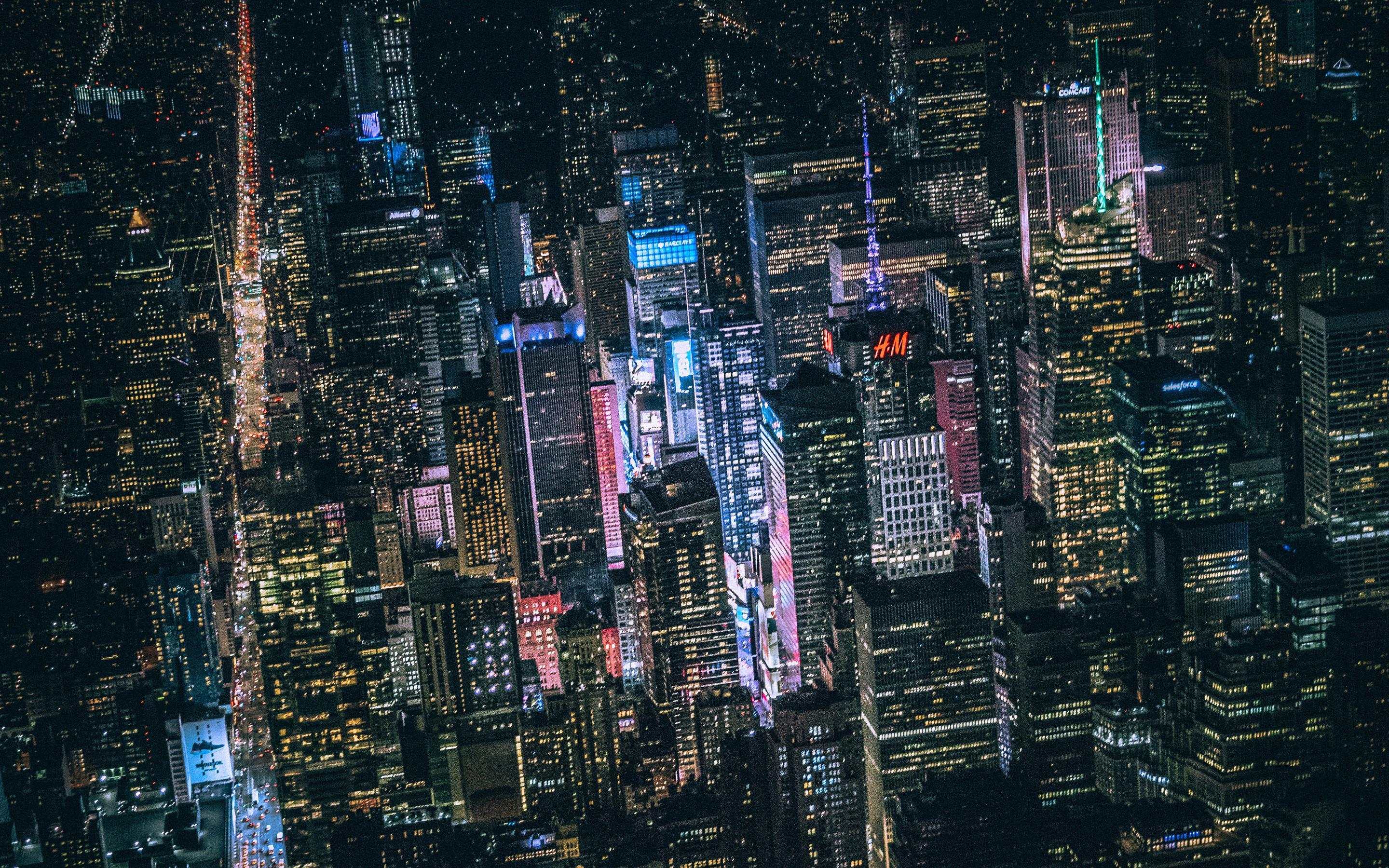 New York Dark City Night Lights Buildings View Fromk