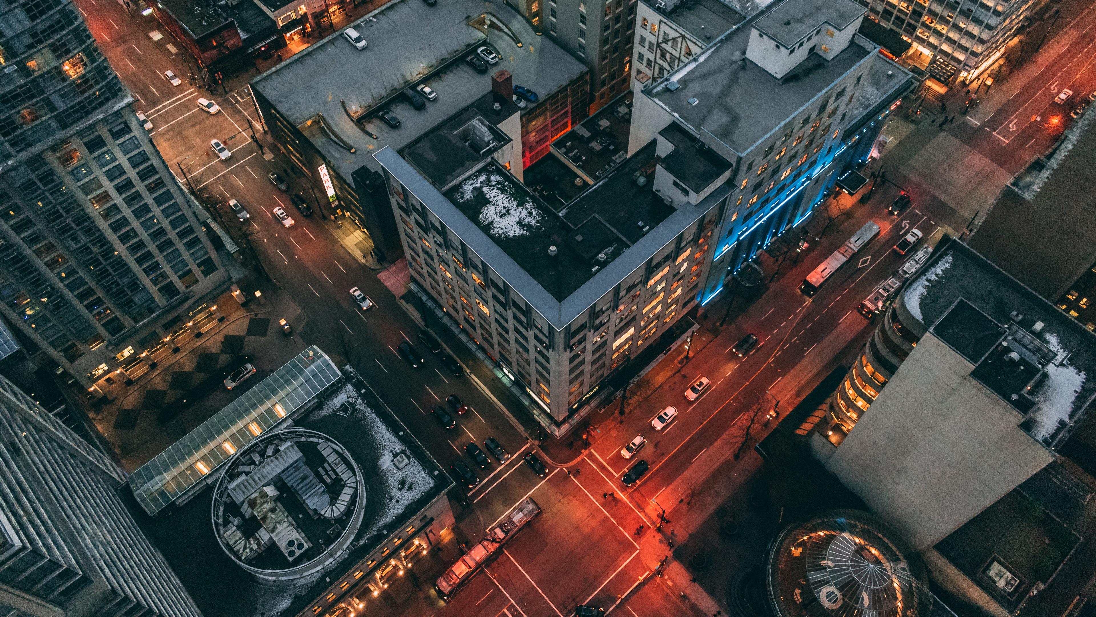 Wallpaper City top view, night, road, buildings, cars 3840x2160 UHD