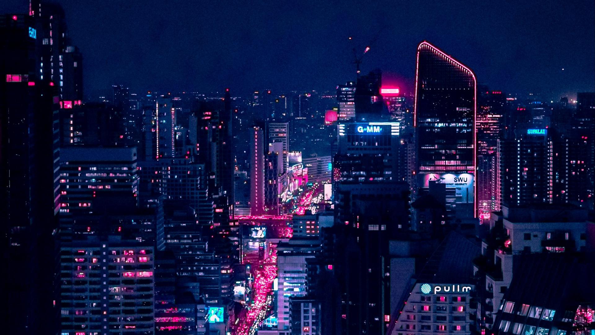 Download wallpaper 1920x1080 night city, city lights, aerial view