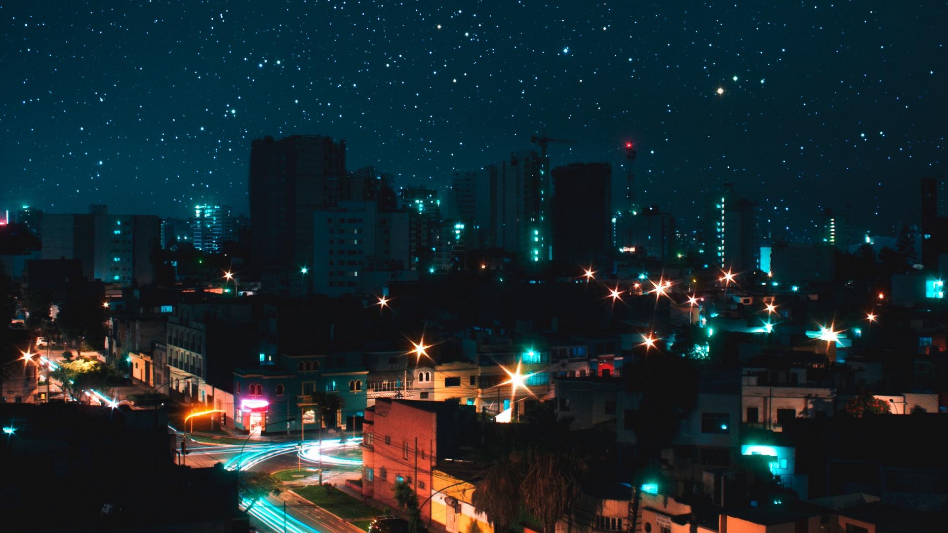 Download wallpaper 1920x1080 night city, view from above, starry sky