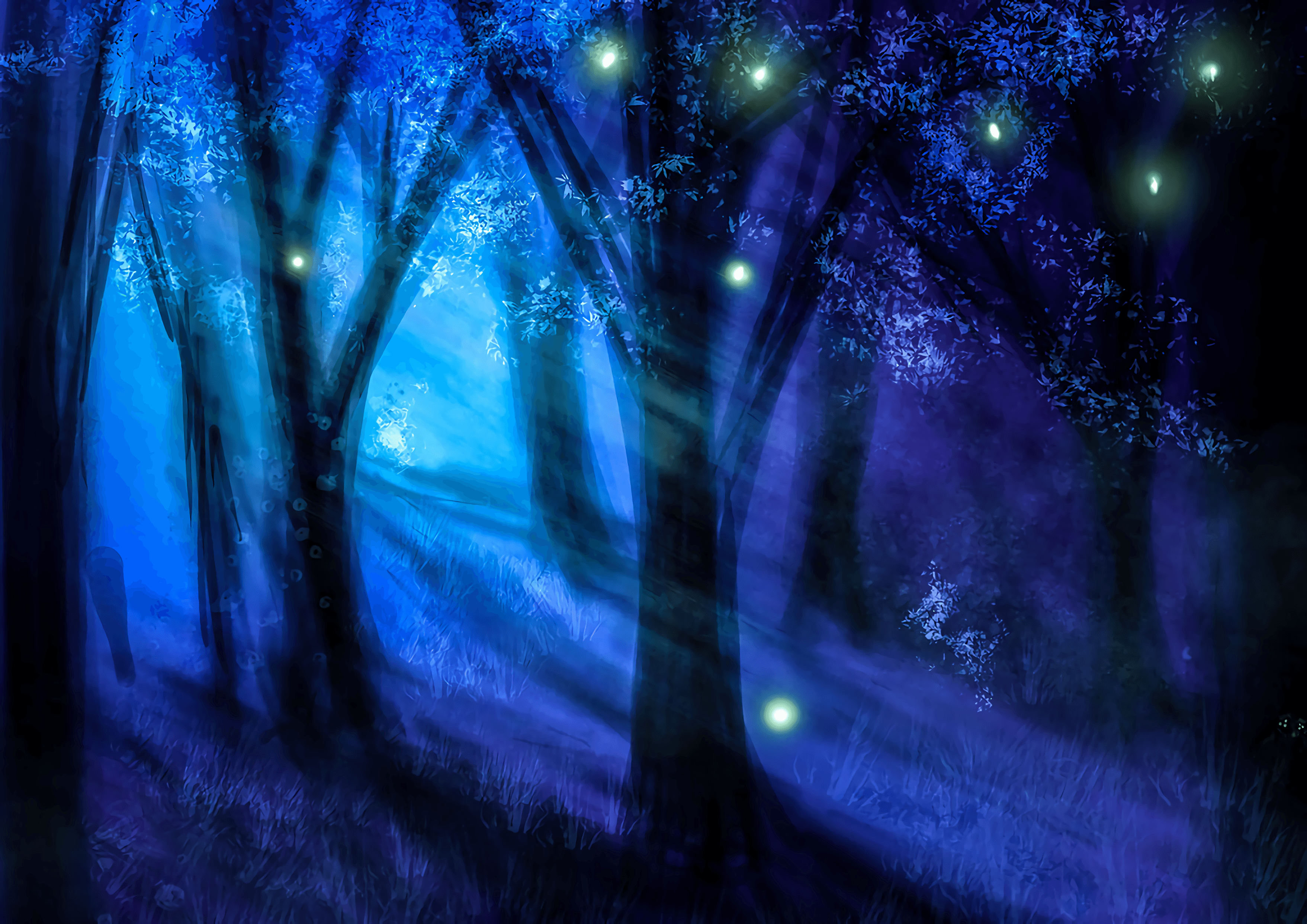 Download wallpaper 3514x2484 forest, night, art, trees, light HD