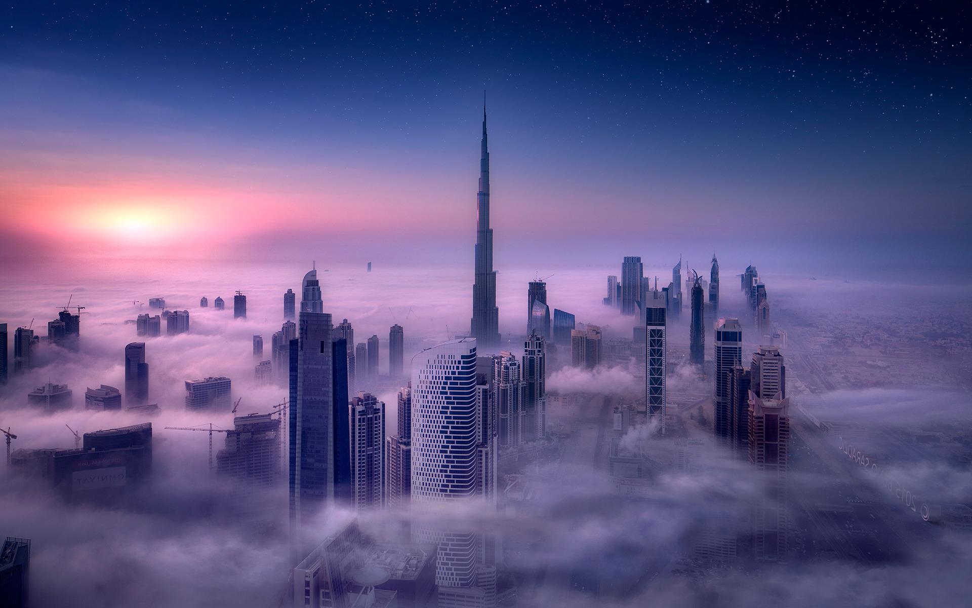 cityscape burj khalifa dubai city sunrise mist skyscraper