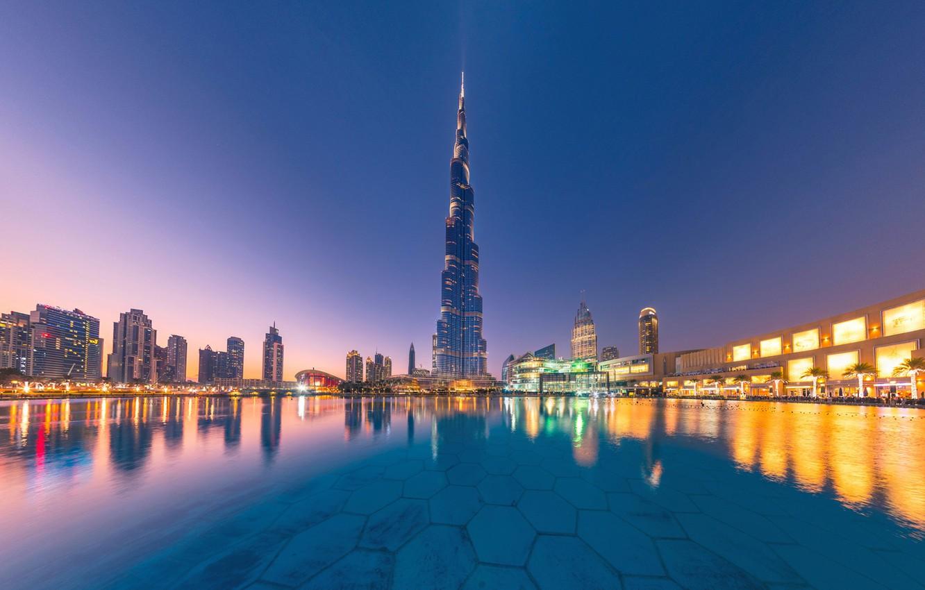 Wallpaper water, reflection, building, Dubai, night city, Dubai, skyscraper, UAE, Burj Khalifa, Burj Khalifa, UAE image for desktop, section город