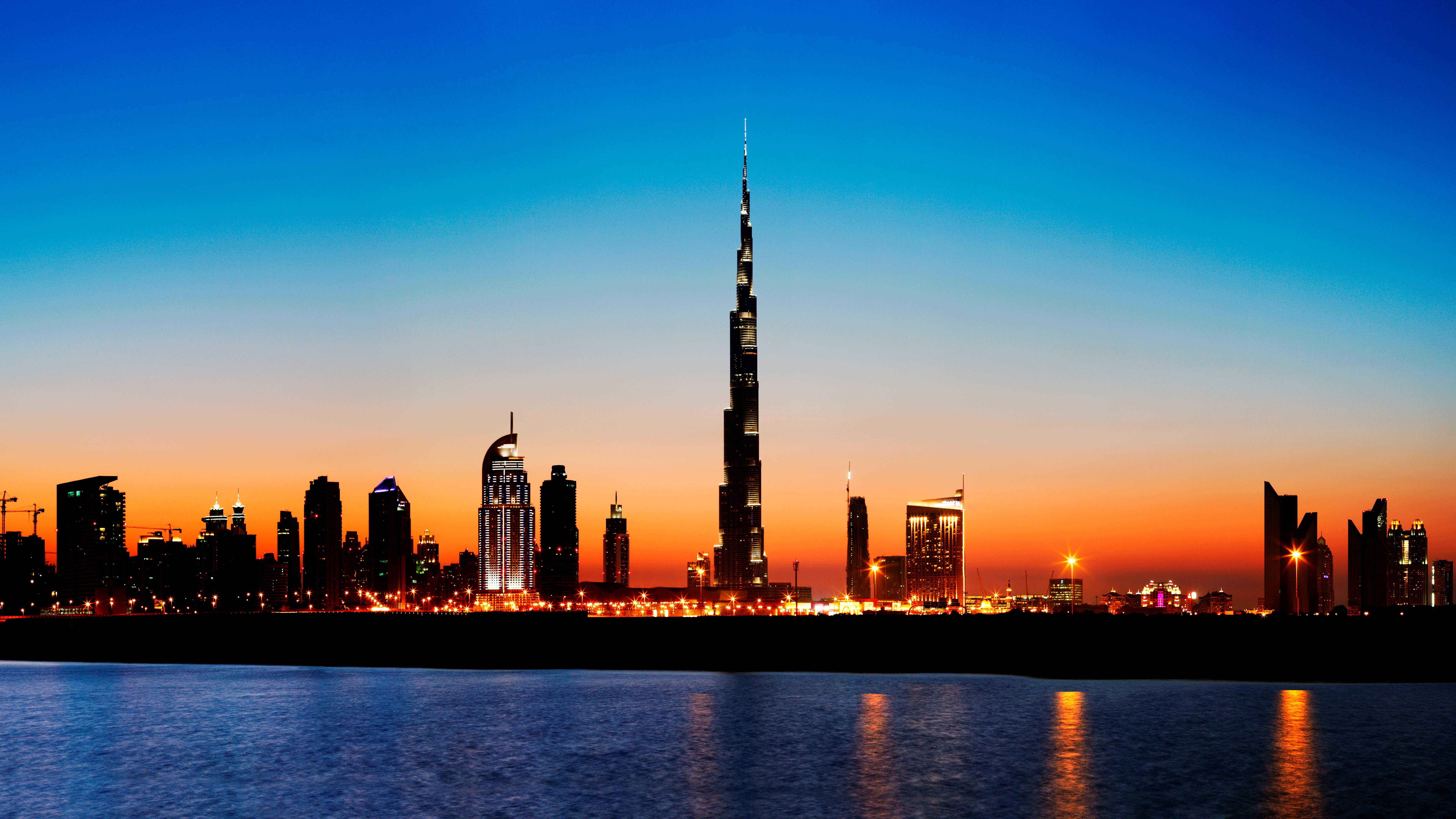 Dubai Skyline With Burj Khalifa At Sunset 8K UltraHD Wallpaper