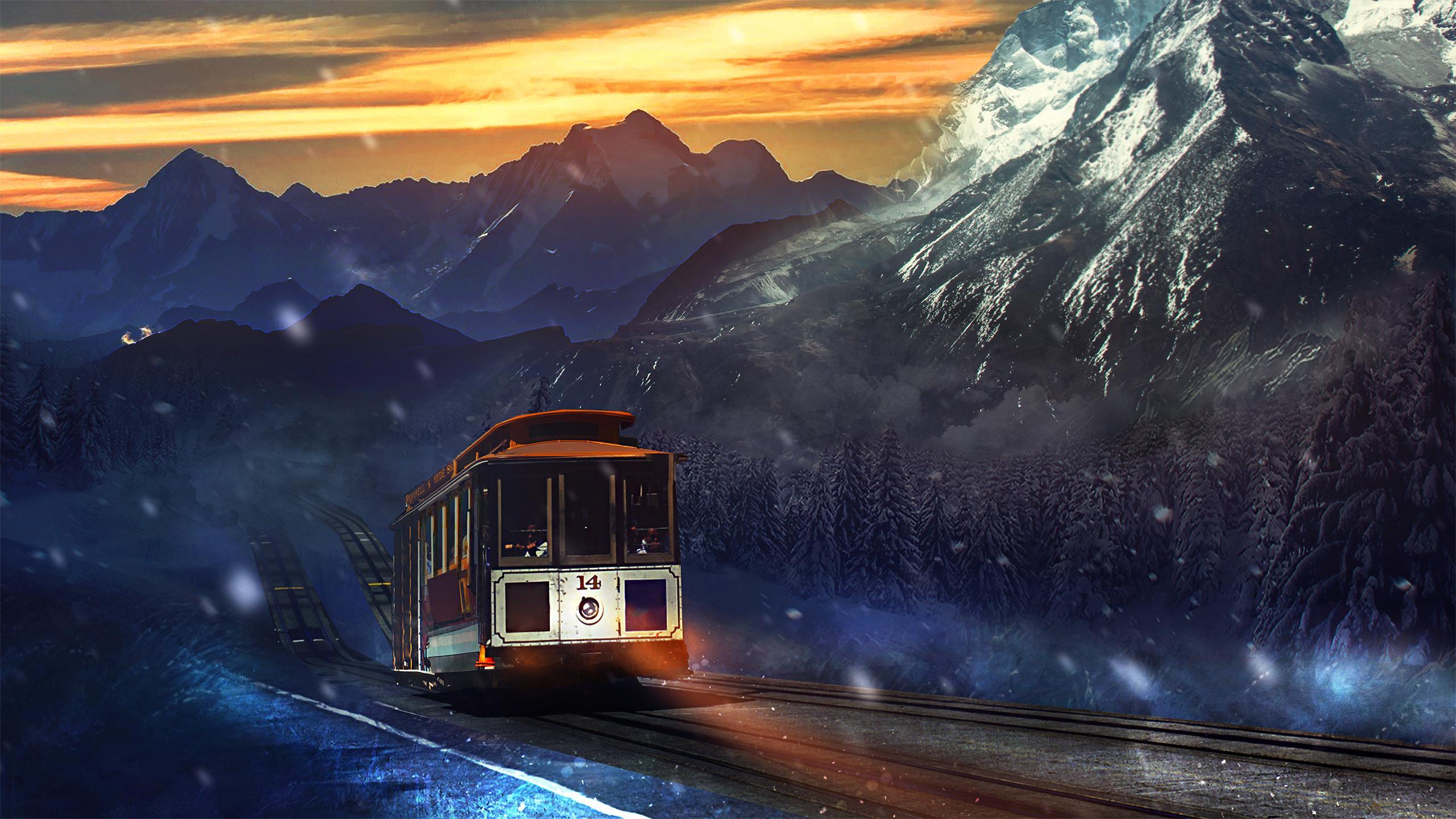 Wallpaper Train, Mountains, Snowfall, Storm, HD, Creative Graphics