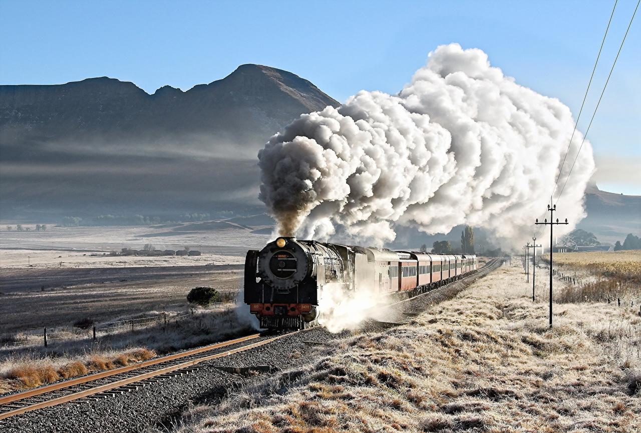 Wallpaper Locomotive Mountains Trains at speed Smoke