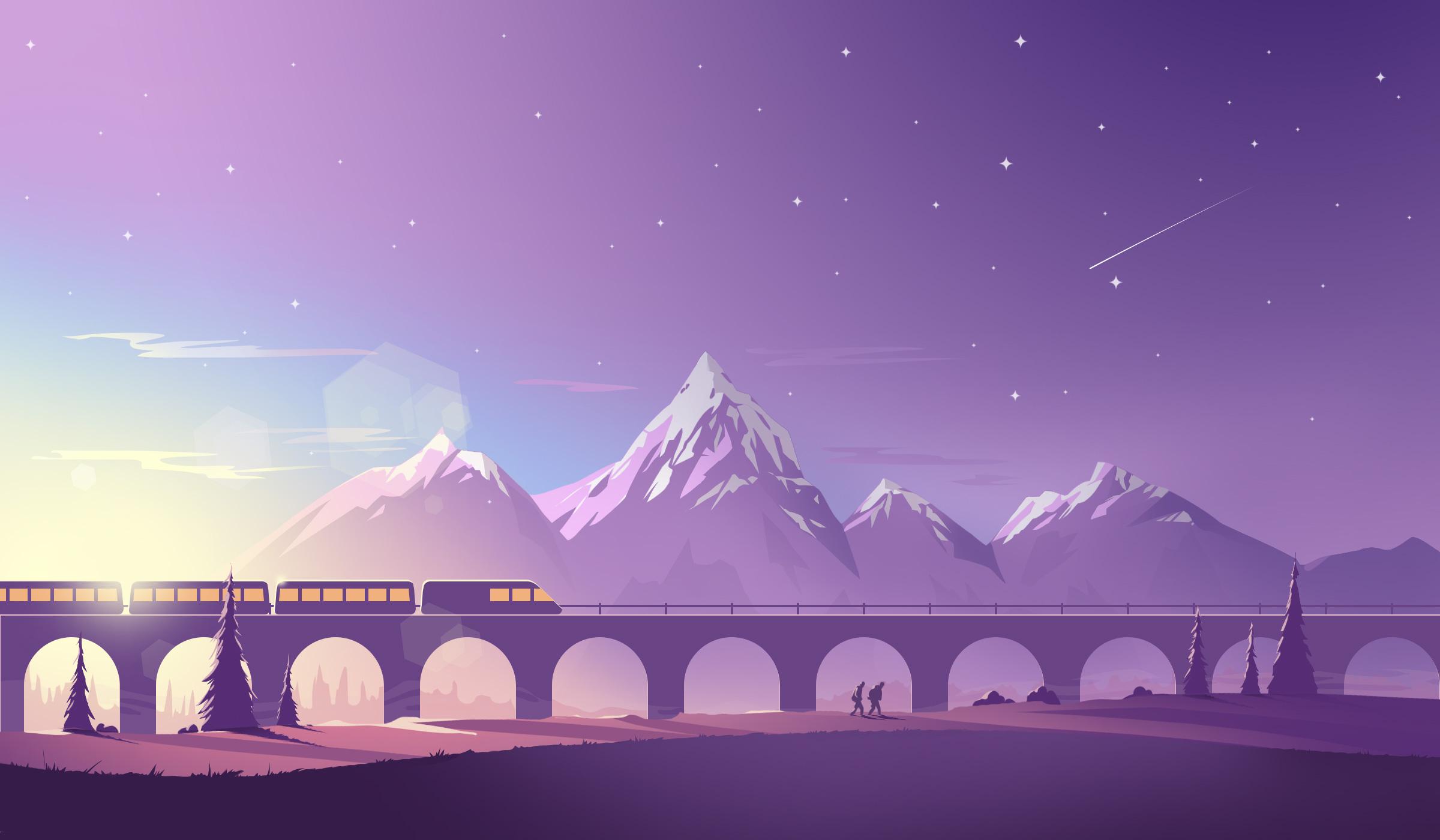 Train Mountains Illustration Minimalistic, HD Artist, 4k Wallpaper