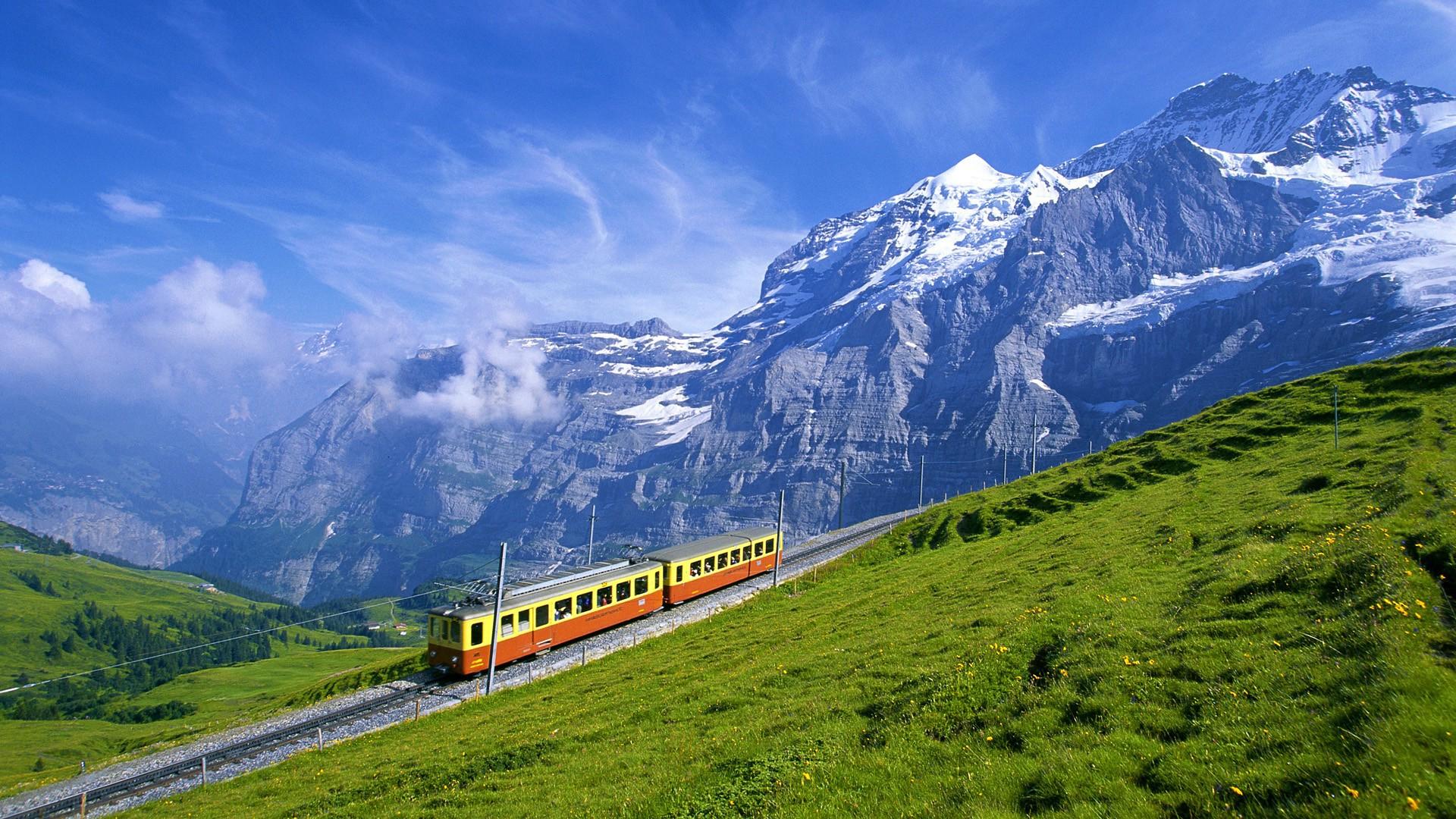 mountains, landscapes, nature, snow, grass, trains, vehicles