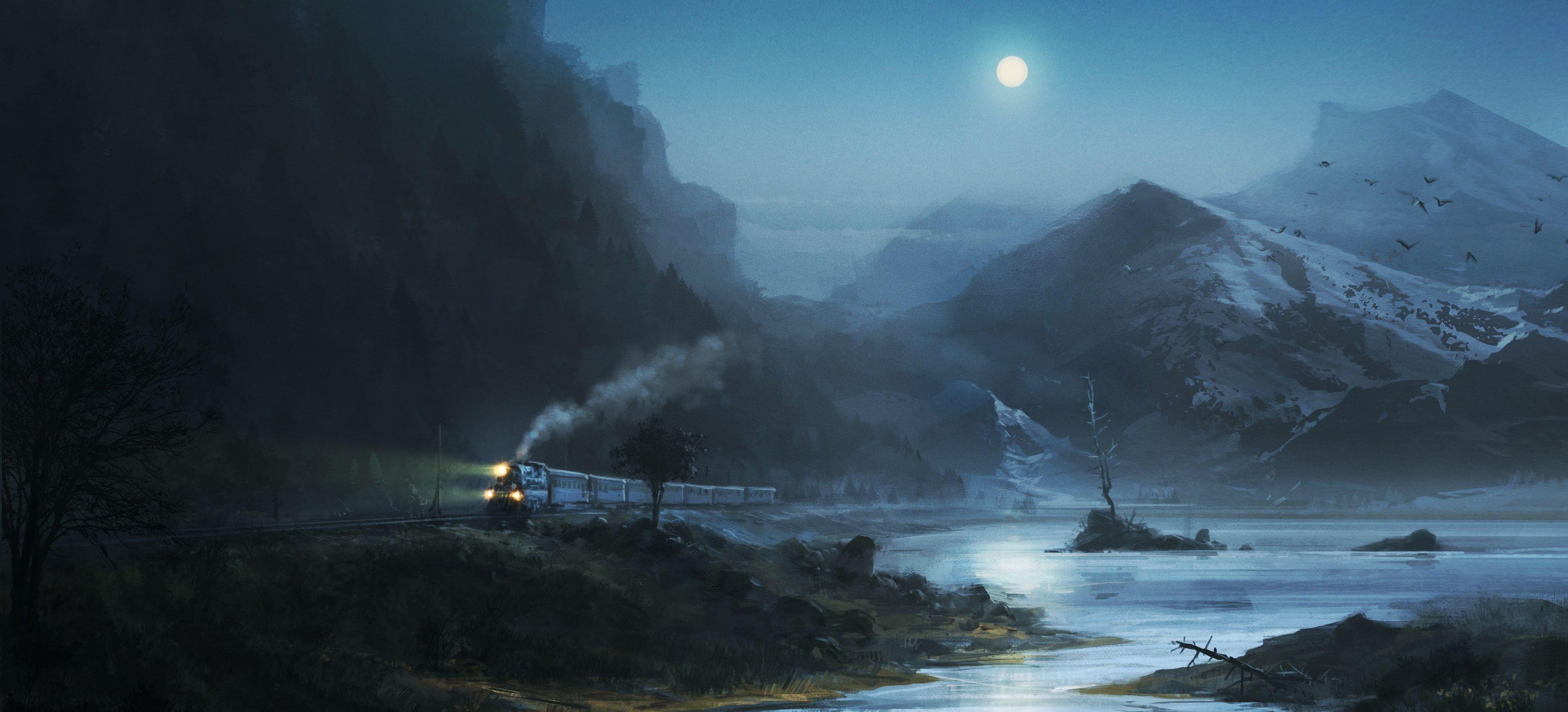 Mountains: Night Railways Water Moonlight Moon Train River Wallpaper