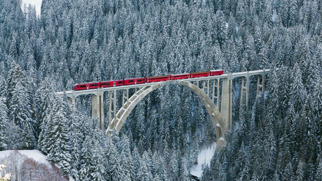 Switzerland alps mountains forest winter nature train bridge train