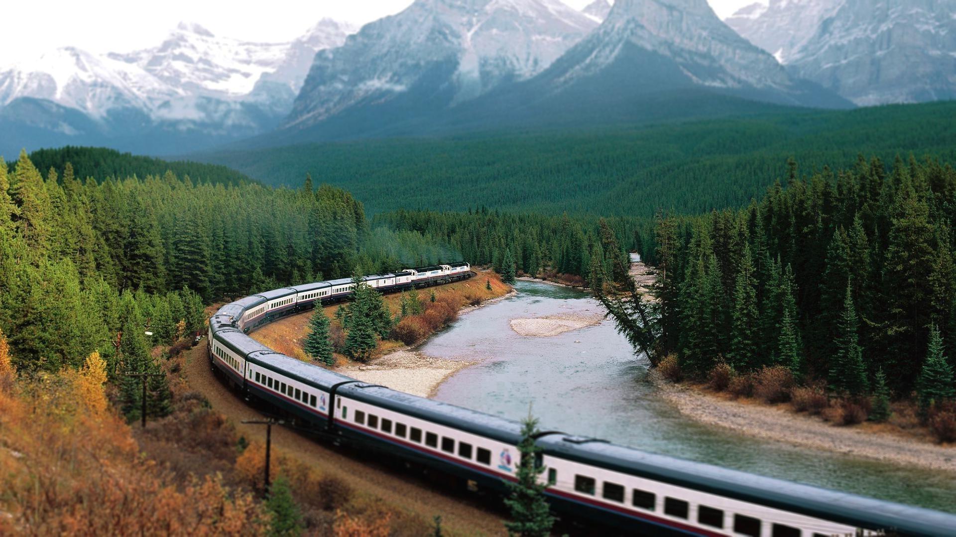 train mountains forest river landscape wallpaper