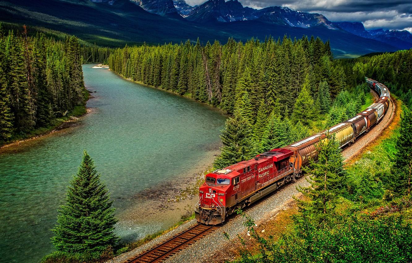 Wallpaper forest, trees, mountains, nature, river, train