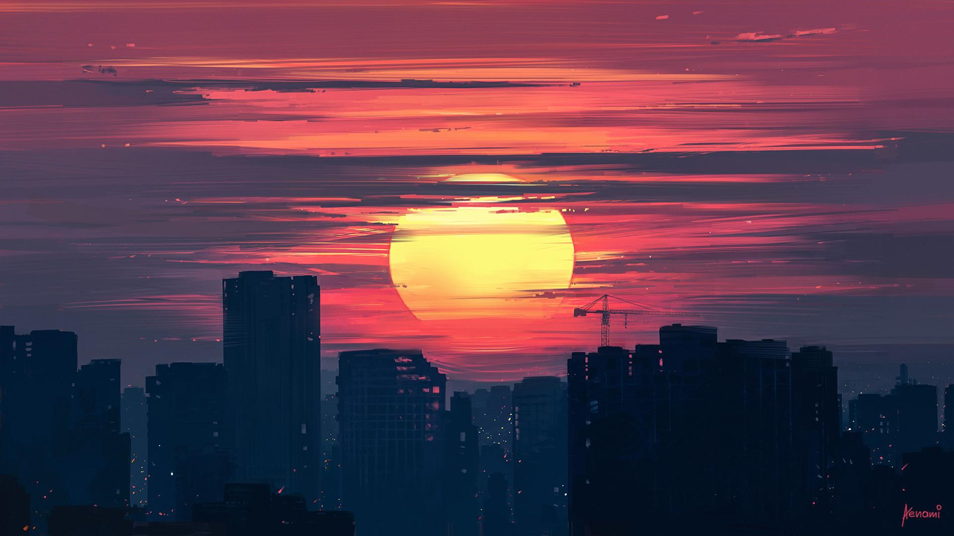 City Buildings Lunar Sunset, HD Artist, 4k Wallpaper, Image