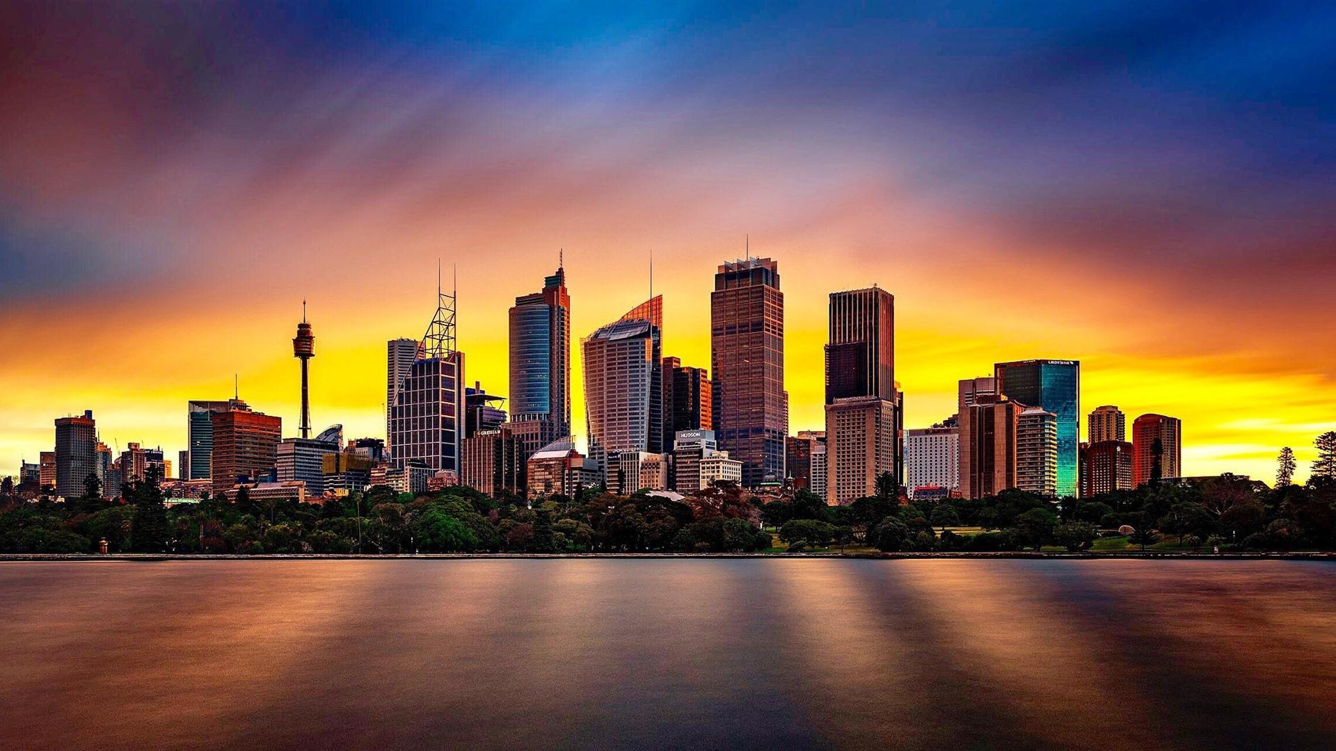 Wallpaper Australia, Sydney, river, city, buildings, sunset