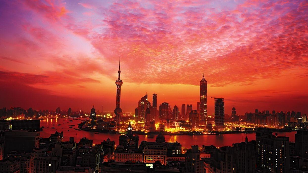 Sunset Buildings Skyscrapers Shanghai sky wallpaperx1080