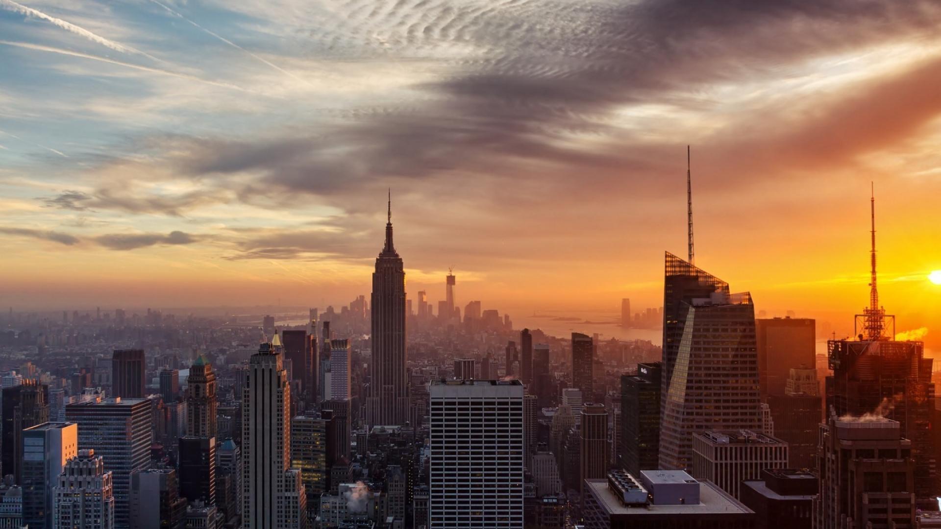 Sunset clouds cityscapes buildings new york city Wallpaper