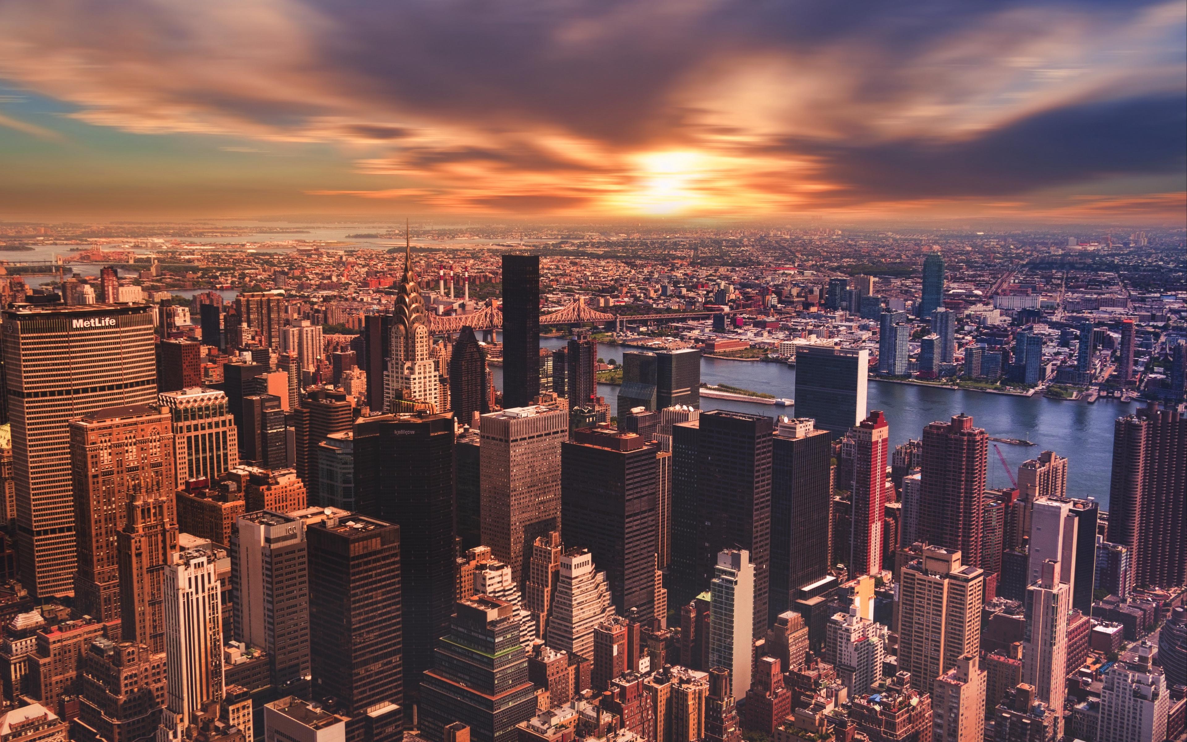 Download wallpaper 4k, New York, sunset, panorama, modern buildings