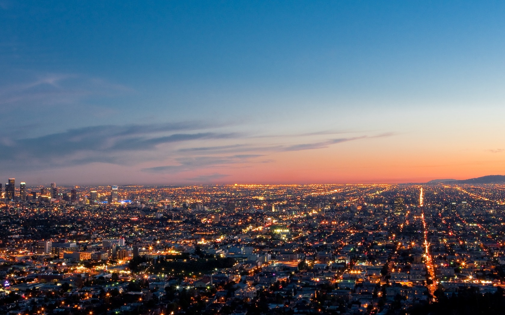 Wallpaper panorama, Los Angeles, evening lights, sunset, buildings